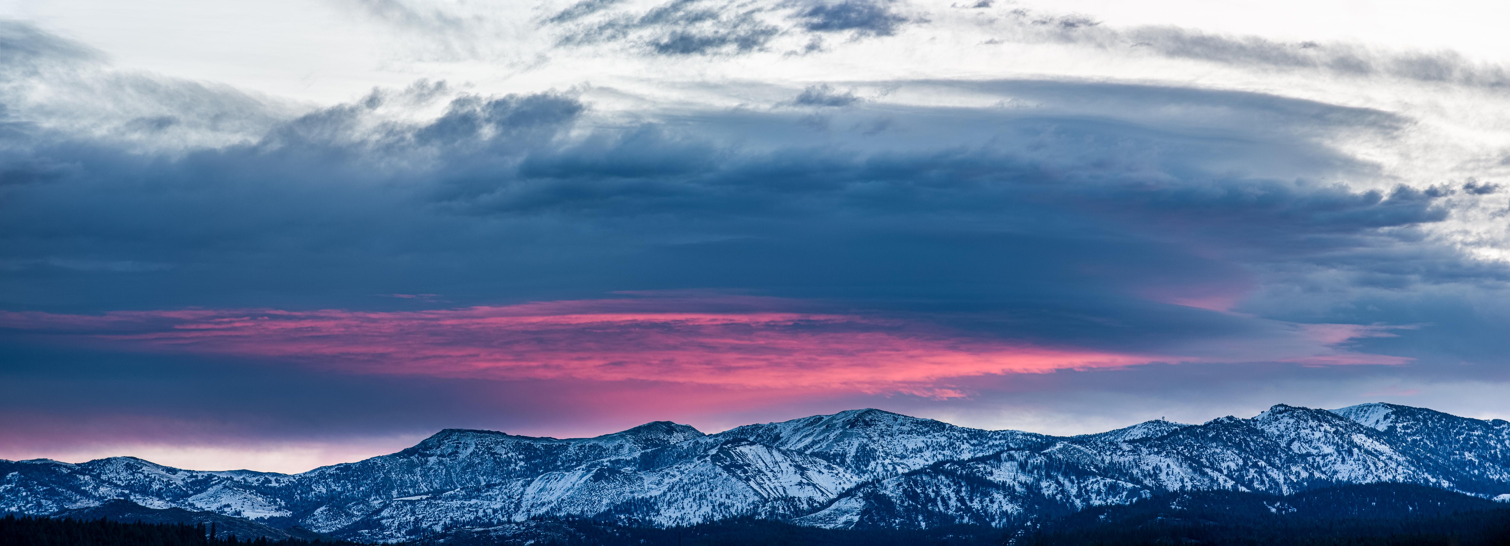 Clouds Sunset Winter Mountains Forest Nevada USA North America Panorama Landscape Nature 6000x2171