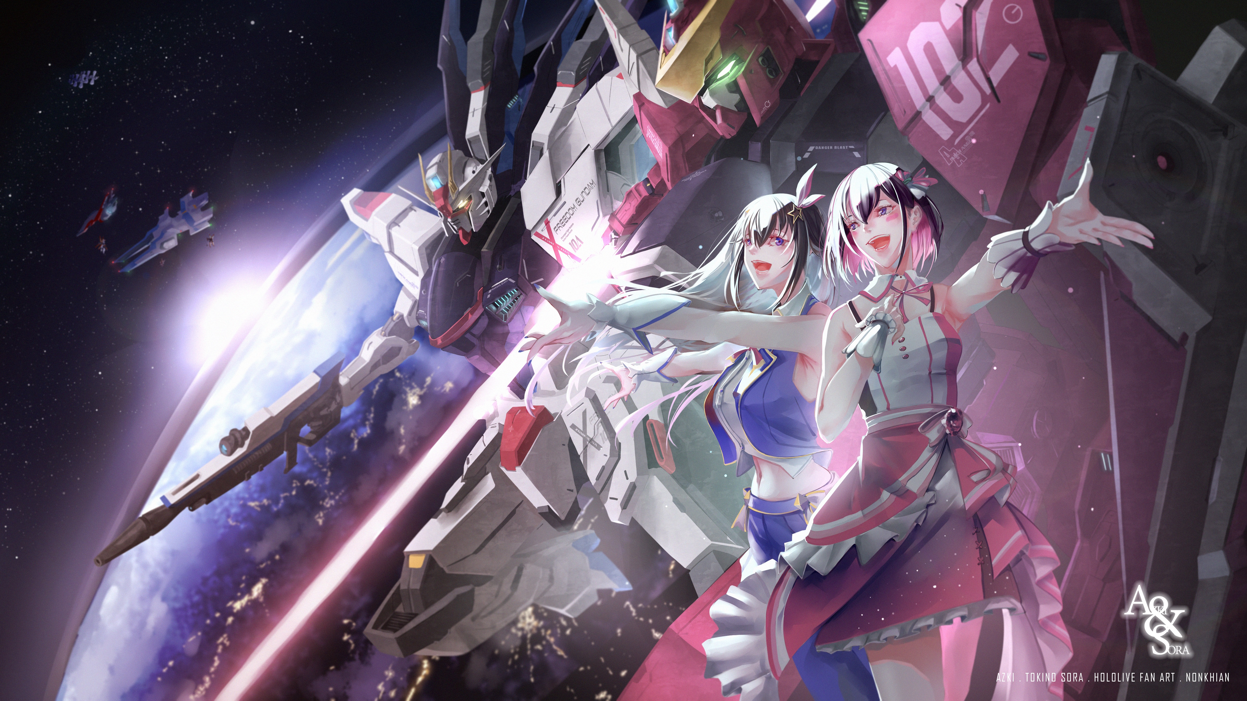 Anime Anime Girls Virtual Youtuber AZKi Tokino Sora Crossover Mobile Suit Gundam SEED Mechs Super Ro 4920x2768