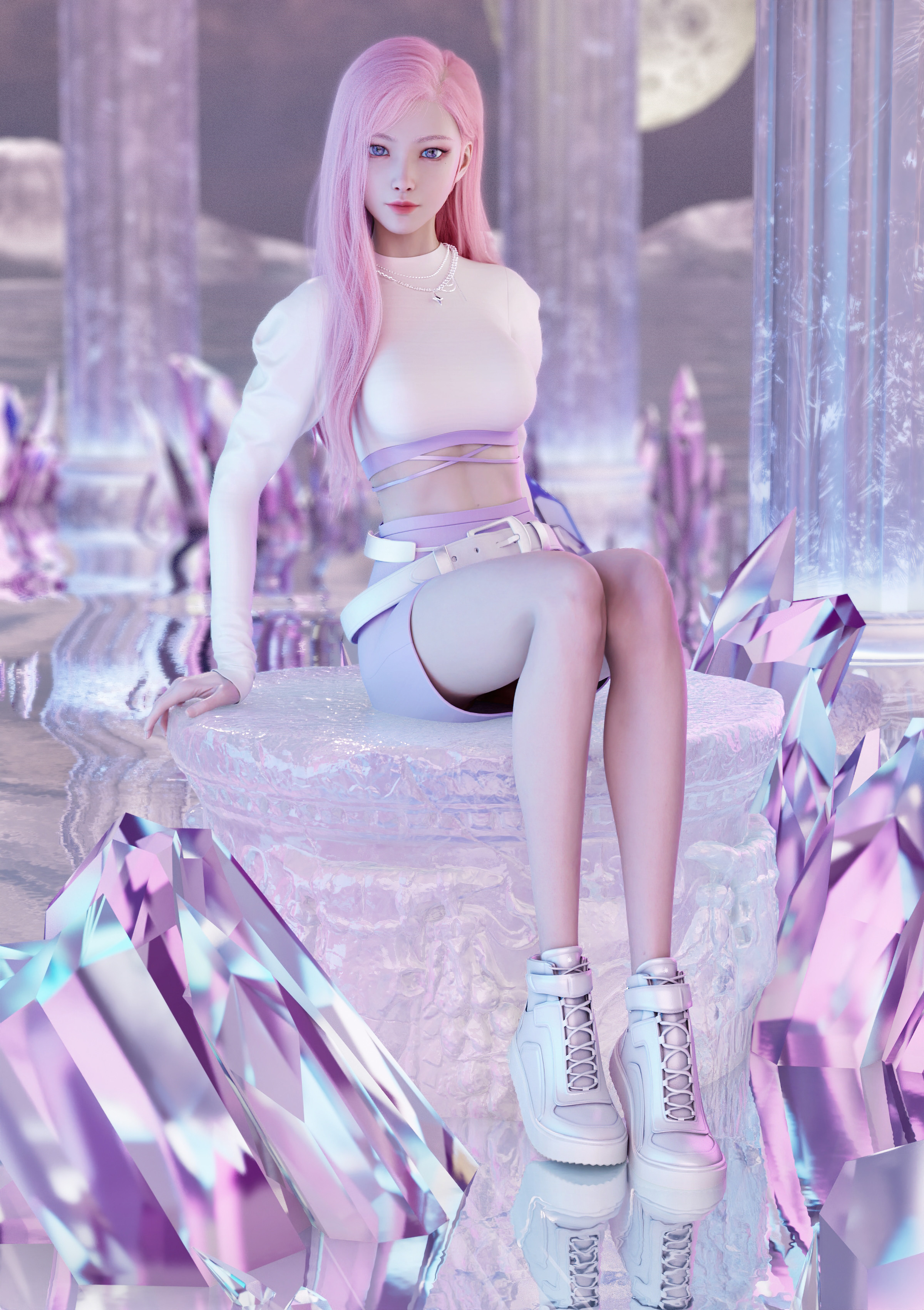 Octavian Wang CGi Women Pink Hair White Clothing Pink Reflection Crystal Vertical Moon 2400x3400