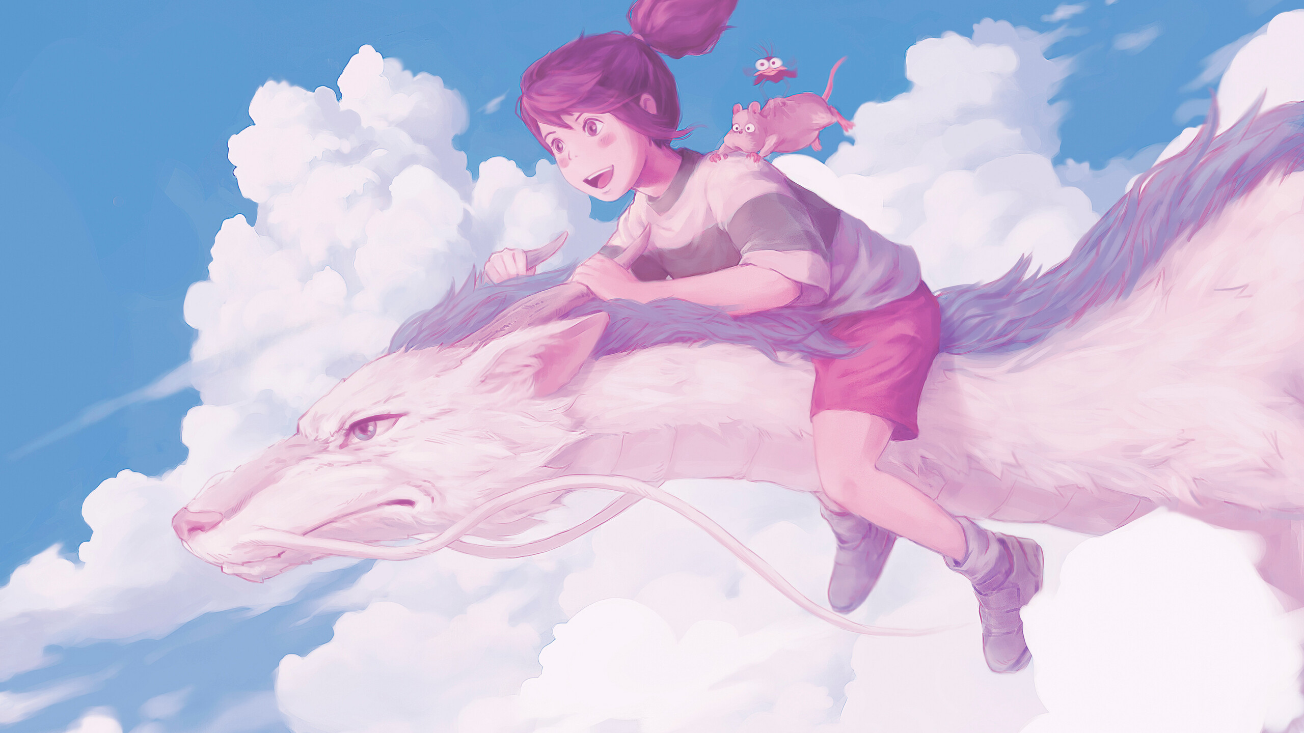 Studio Ghibli Spirited Away Sen To Chihiro Haku Sky Clouds Dragon Anime Girls Anime Creatures 2560x1440