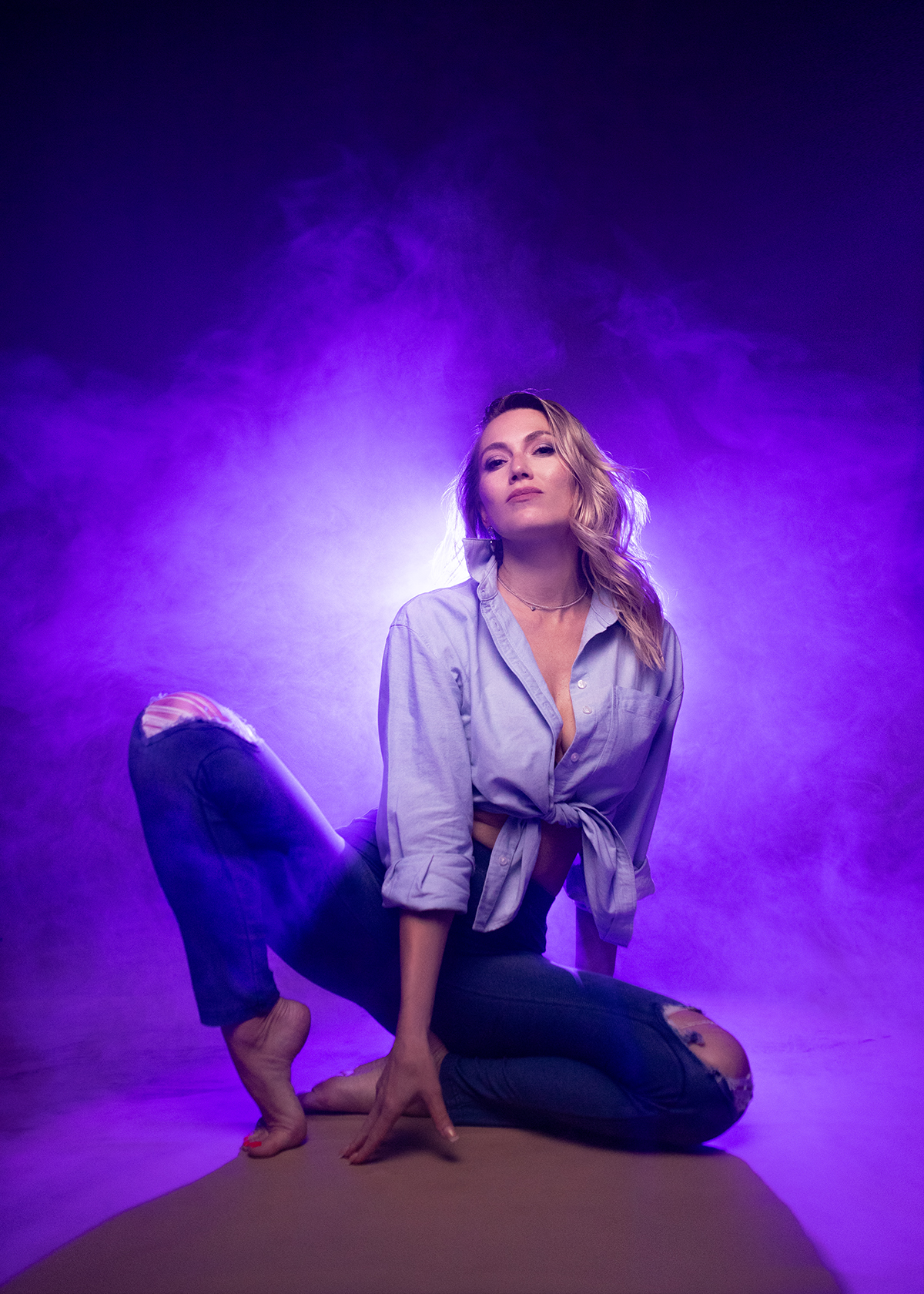 Aleksey Lozgachev Women Blonde Torn Jeans Smoke Portrait Display Simple Background Studio Blue Shirt 1200x1680
