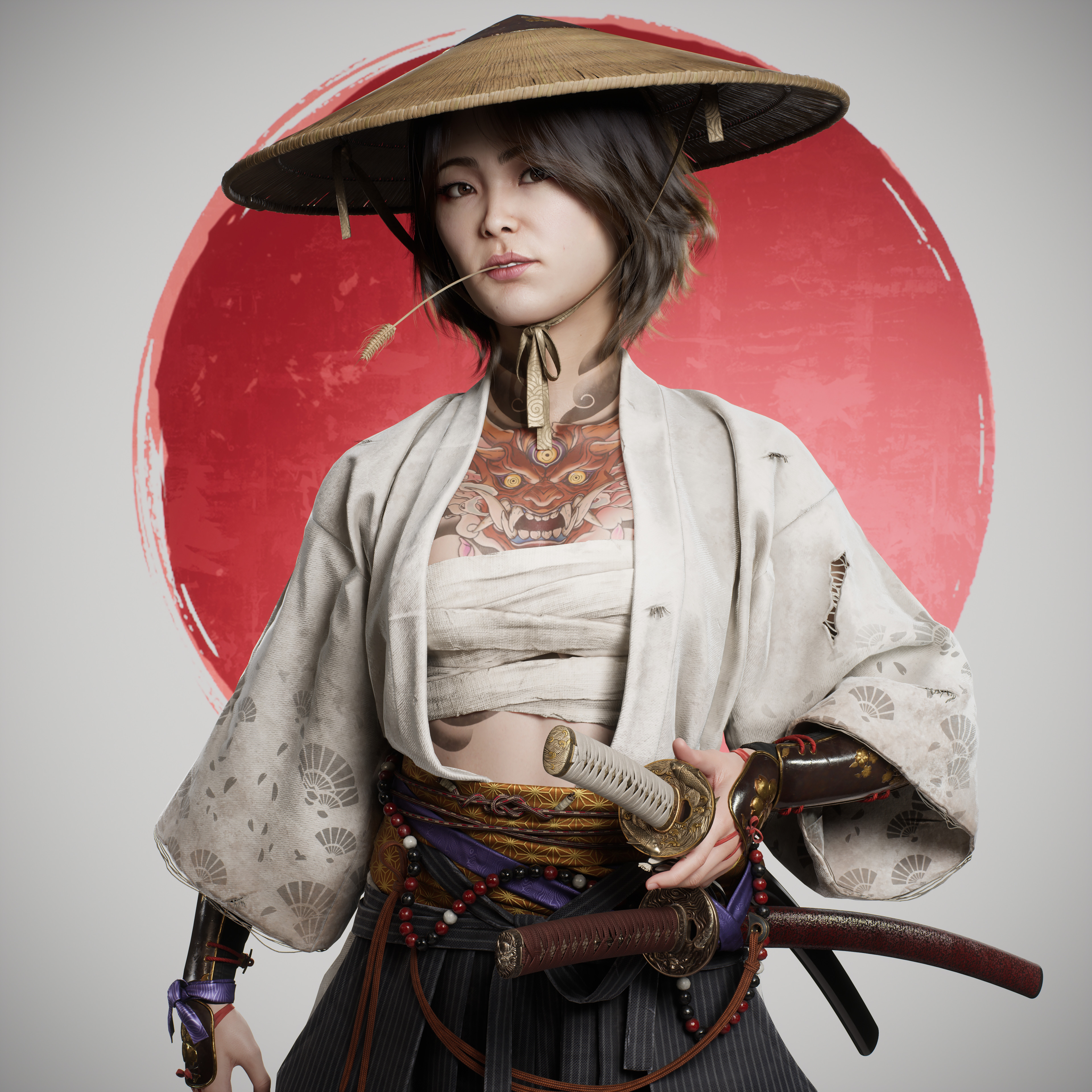 Andres Castaneda Artwork Digital Art Illustration Women Samurai CGi Vertical Short Hair Katana Women 3840x3840