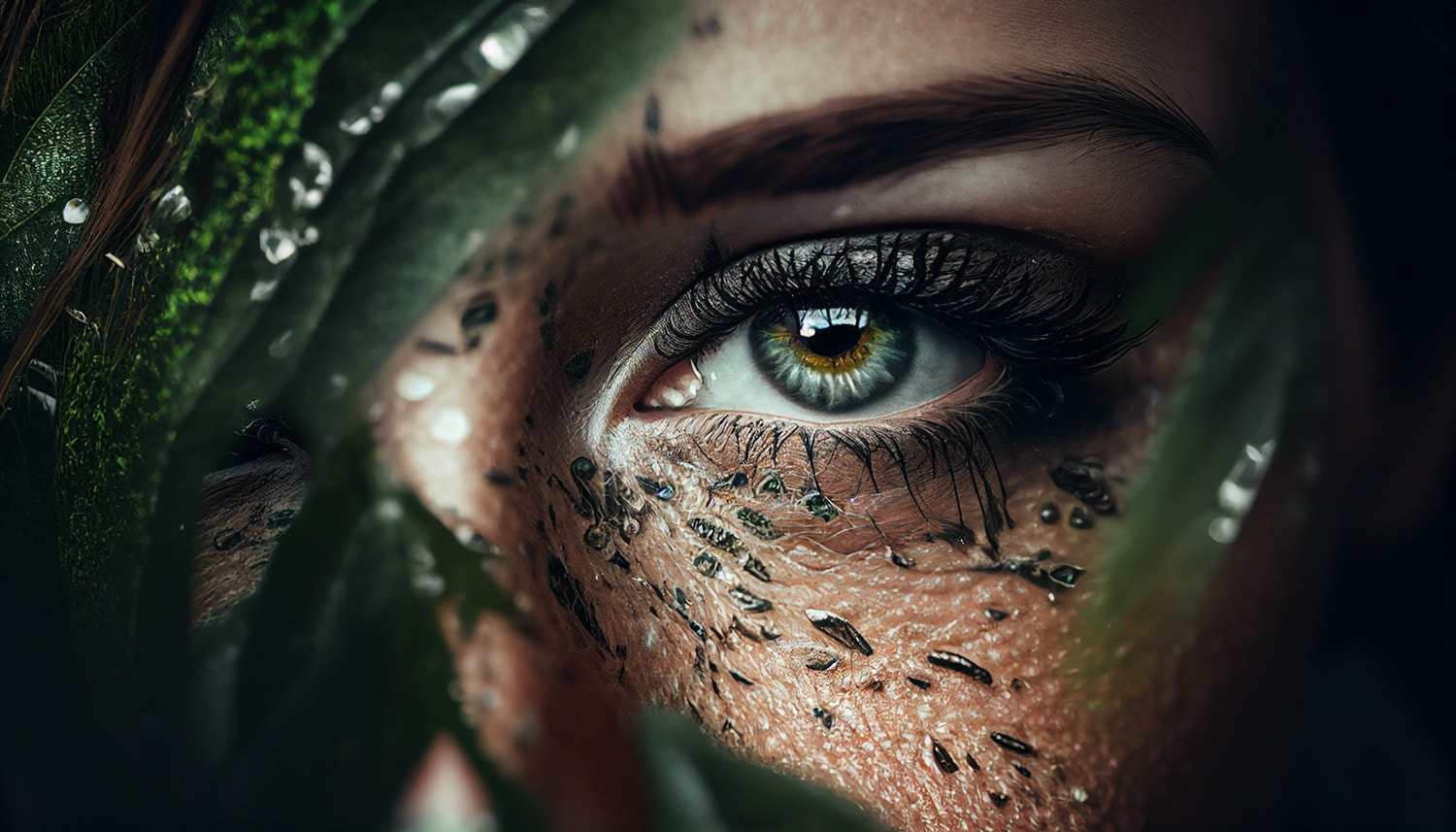 Philippe Hellendorff Women Portrait Eyes Plants Leaves Glamour Makeup Closeup 1500x857