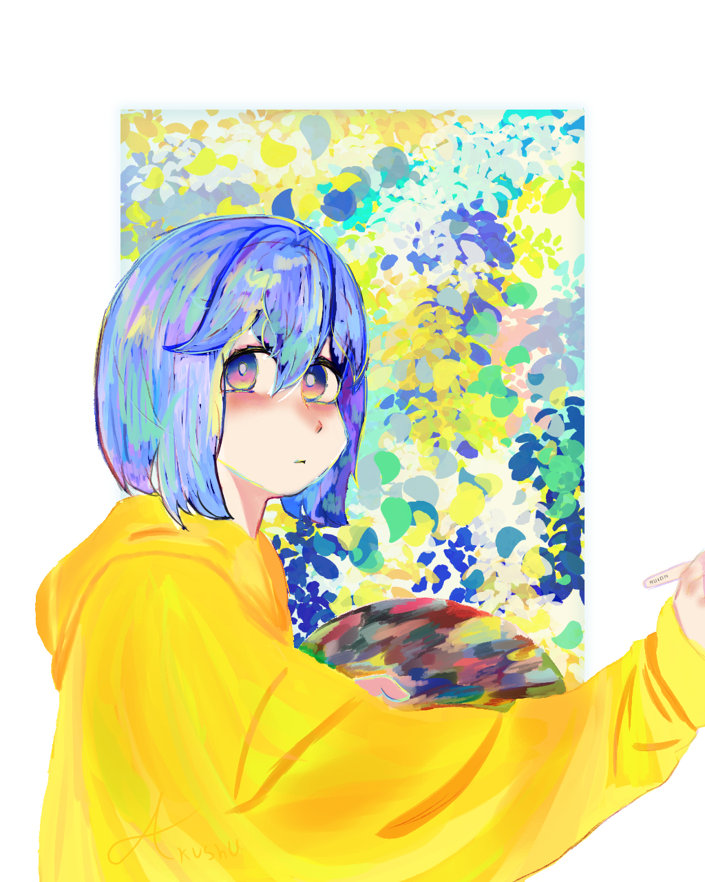 Anime Anime Girls Artwork Painting Women 2D Drawing Blue Yellow Canvas Vertical 1024x1280