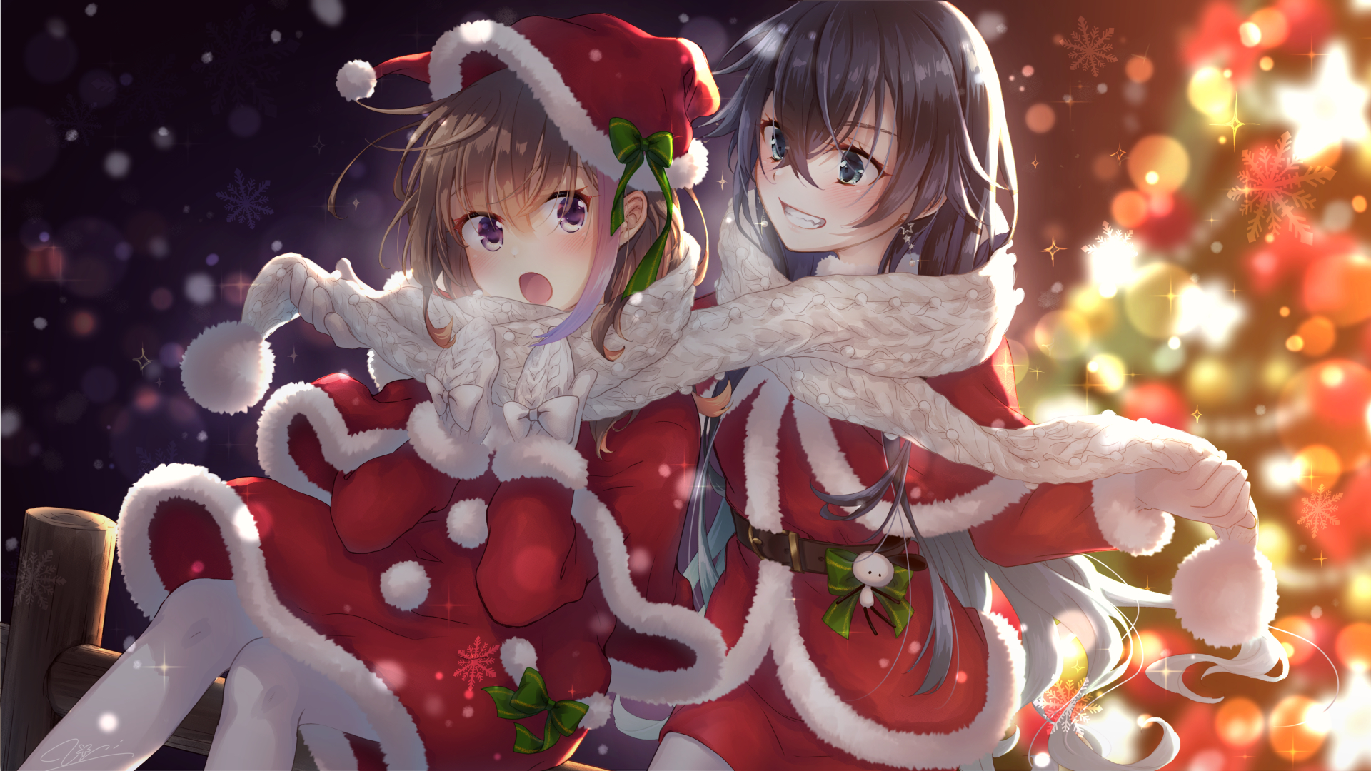 Anime Anime Girls Original Characters Two Women Artwork Digital Art Christmas Christmas Clothes Chri 1920x1080