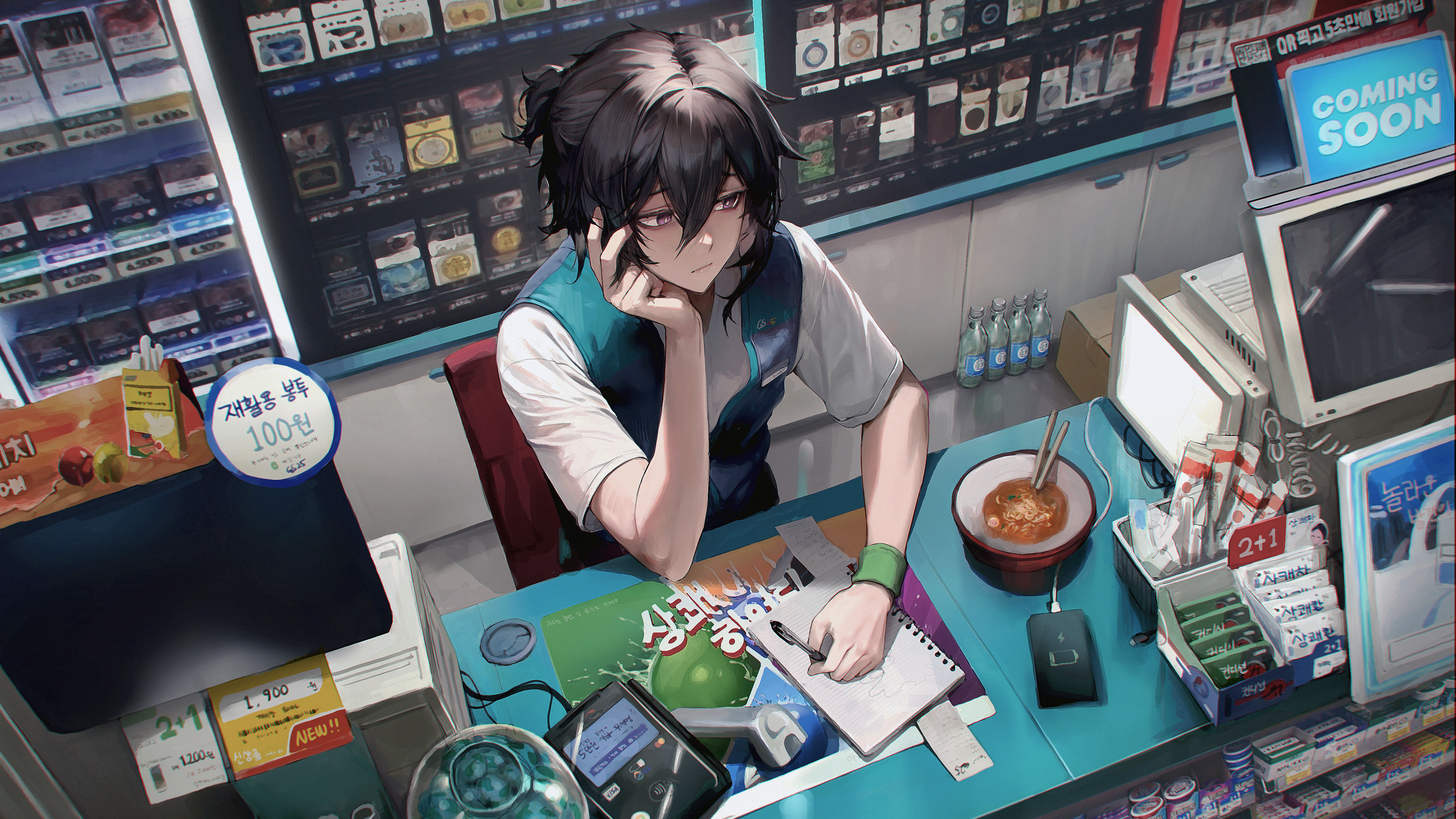 Anime Anime Boys Products Ramen Stores Notebooks Sitting Hand On Face Korean Uniform Food Looking Aw 3958x2226