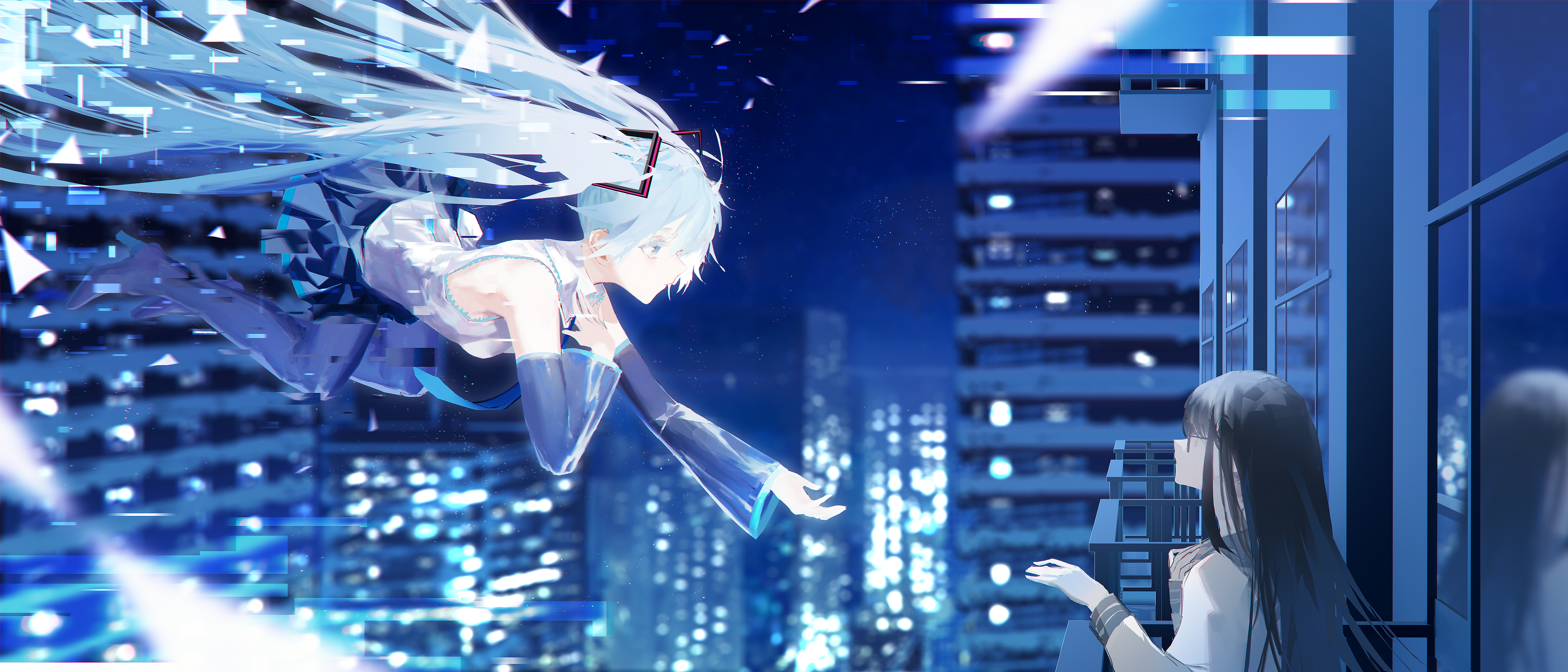 Anime Anime Girls Vocaloid Hatsune Miku Twintails Long Hair Blue Hair Blue Eyes City Night Building  5039x2160