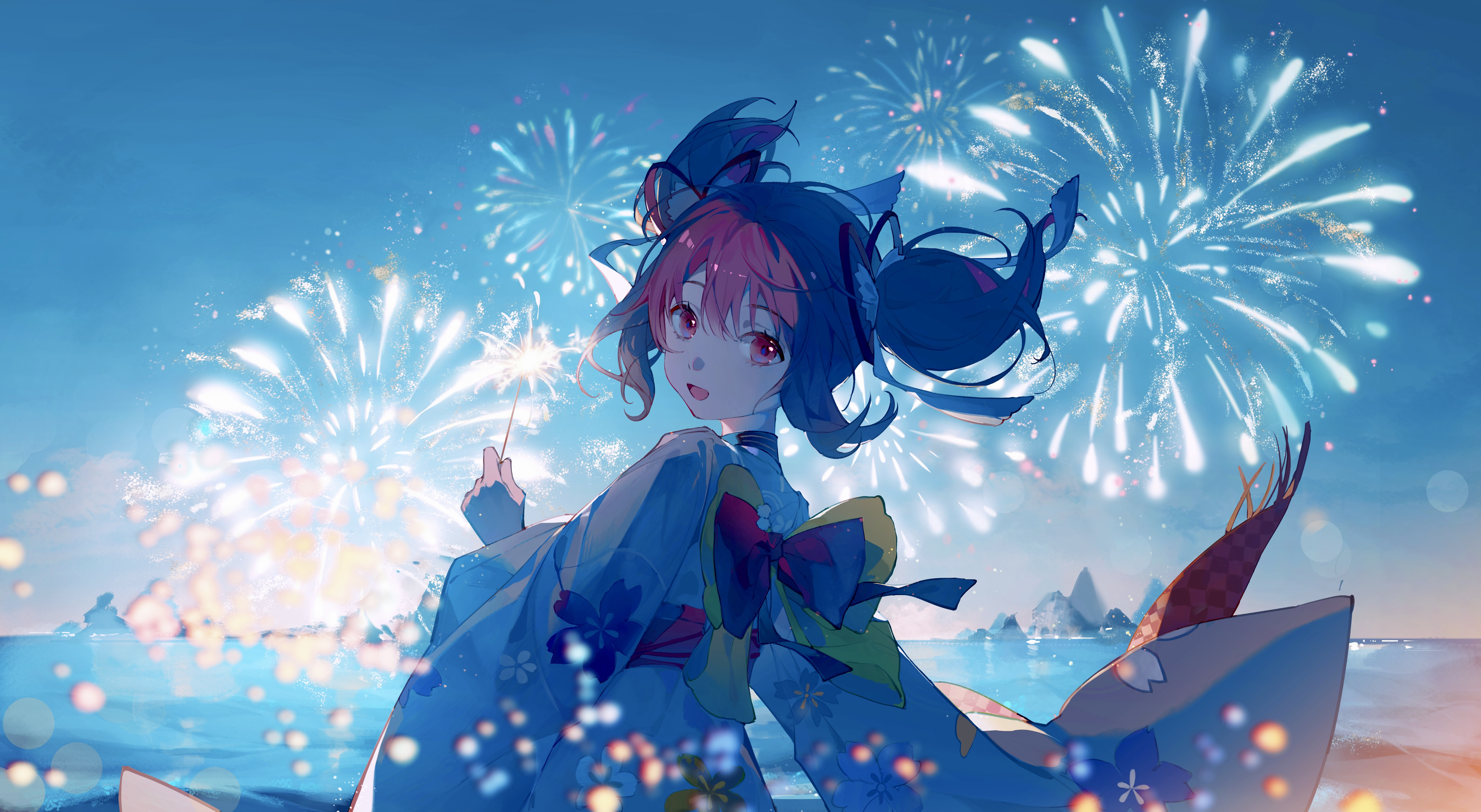 Anime Anime Girls Pixiv Kaname Madoka Mahou Shoujo Madoka Magica Kimono Fireworks Twintails Open Mou 5000x2743