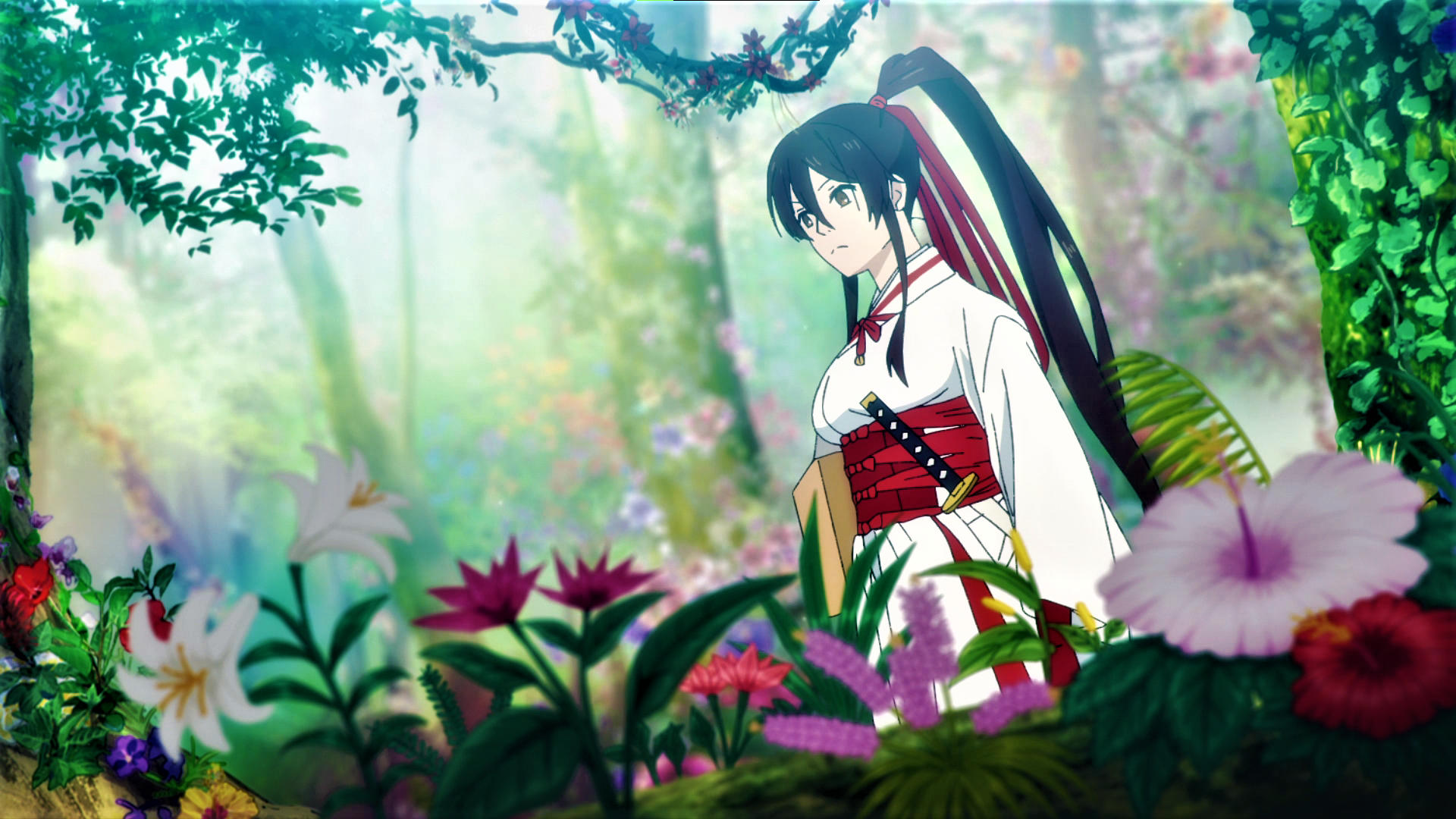 Hells Paradise Jigokuraku Yamada Asaemon Sagiri Ponytail Kimono Uniform Sword Flowers Nature Trees A 1920x1080