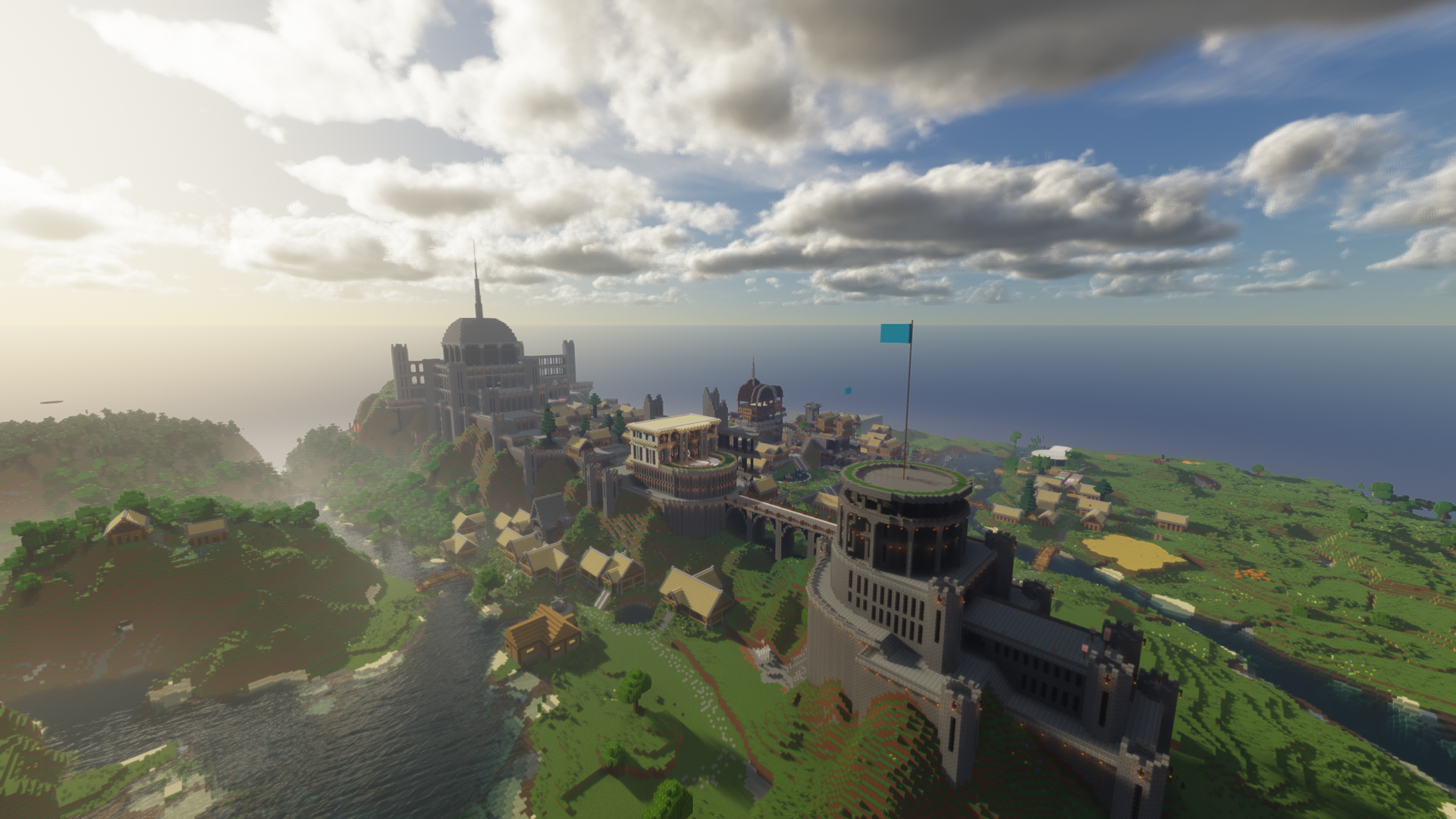 Minecraft Building Video Games Clouds CGi Castle Video Game Landscape Flag 1920x1080
