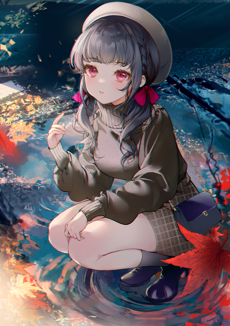 Anime Anime Girls Pixiv Portrait Display Leaves Water Looking At Viewer Braids Red Eyes Hat Purse Bl 958x1355
