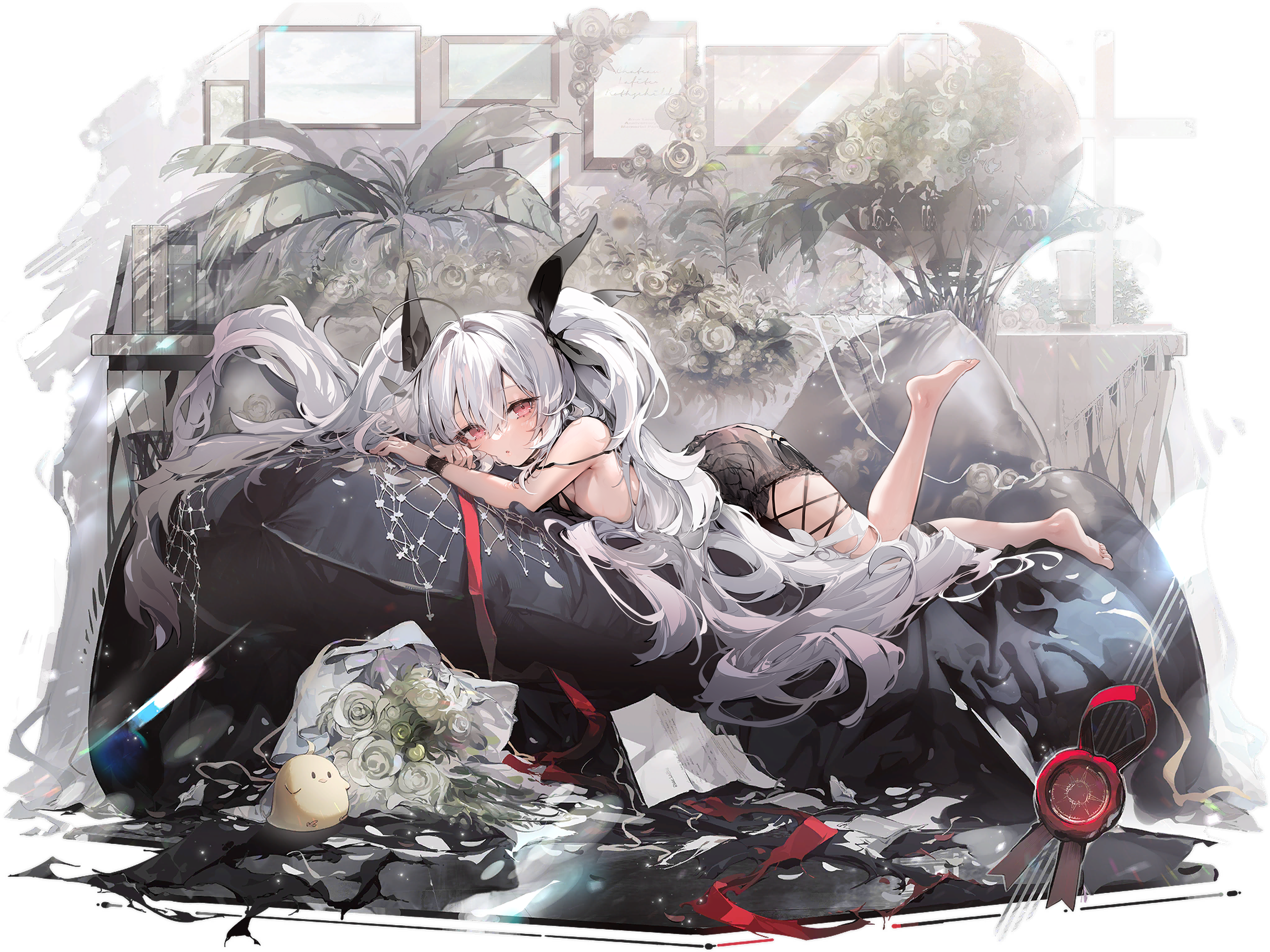 Anime Anime Girls Red Eyes Gray Hair Black Dress Red Ribbon Black Ribbons Feet Lying On Front Flower 2607x1954