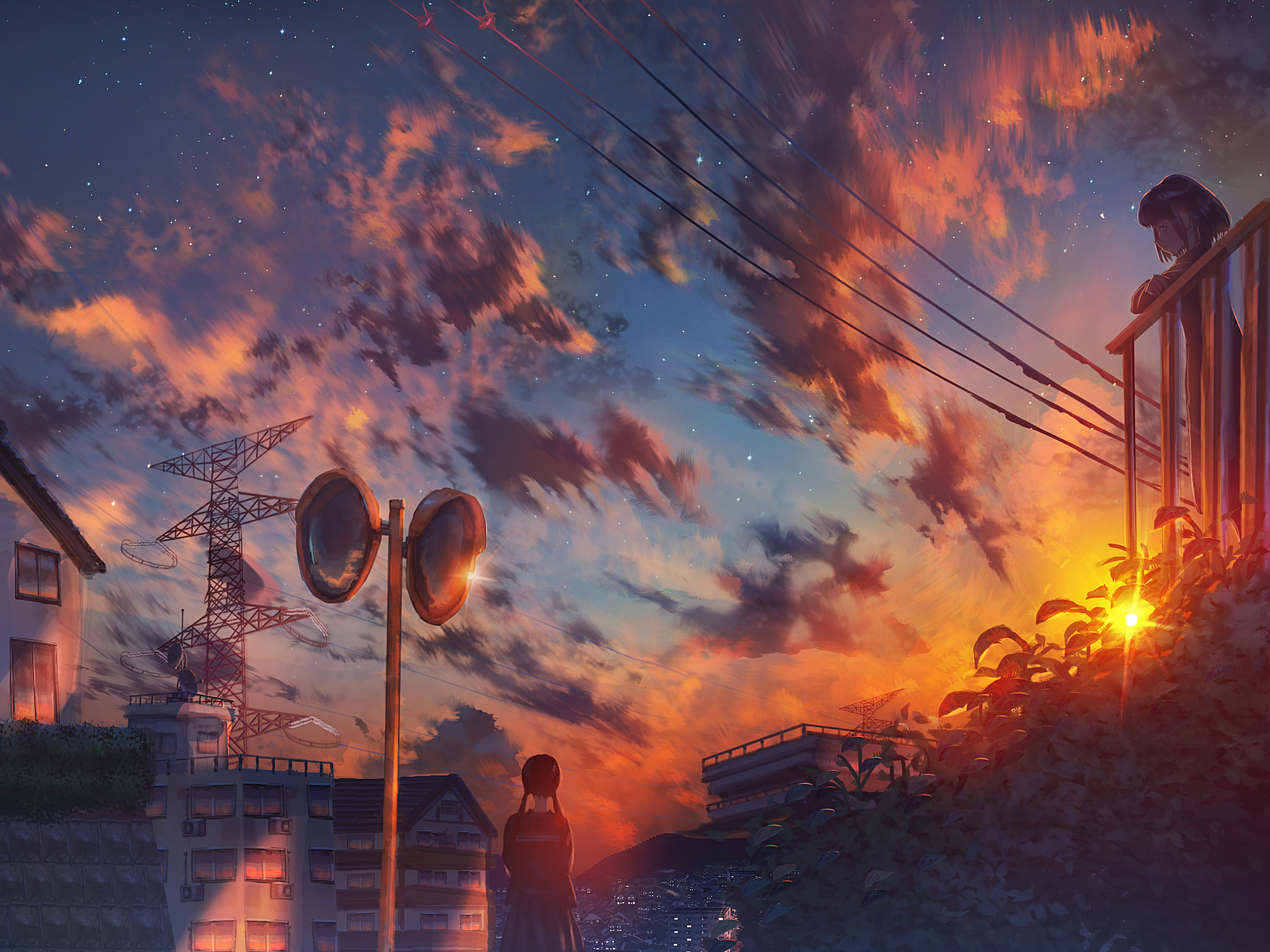 Anime Girls Sunset Glow Sunset Power Lines Utility Pole Clouds Balcony Outdoors Bushes Starred Sky E 2000x1500