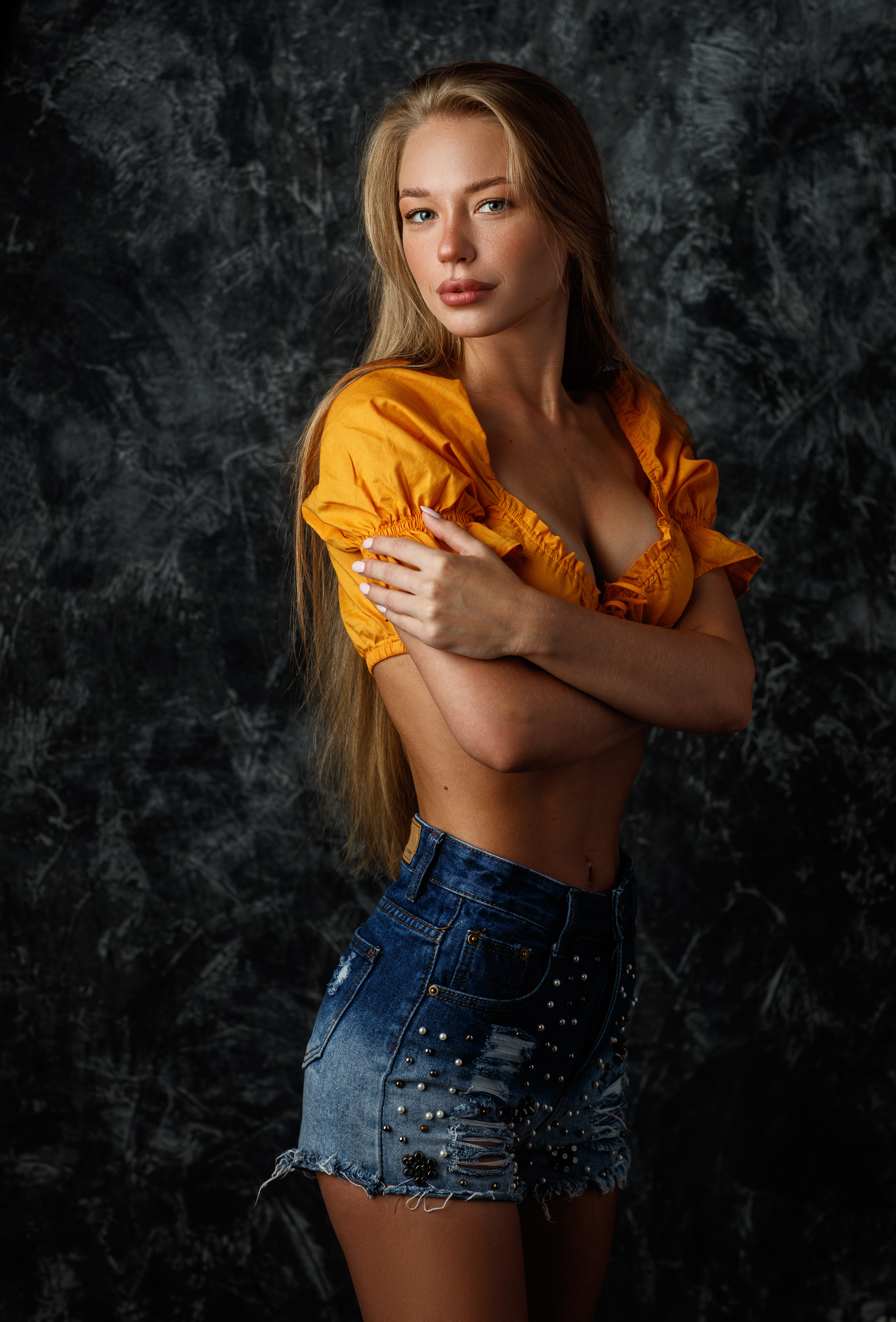 Sergey Sorokin Women Blonde Long Hair Yellow Clothing Denim Shorts Jeans Simple Background 2372x3500