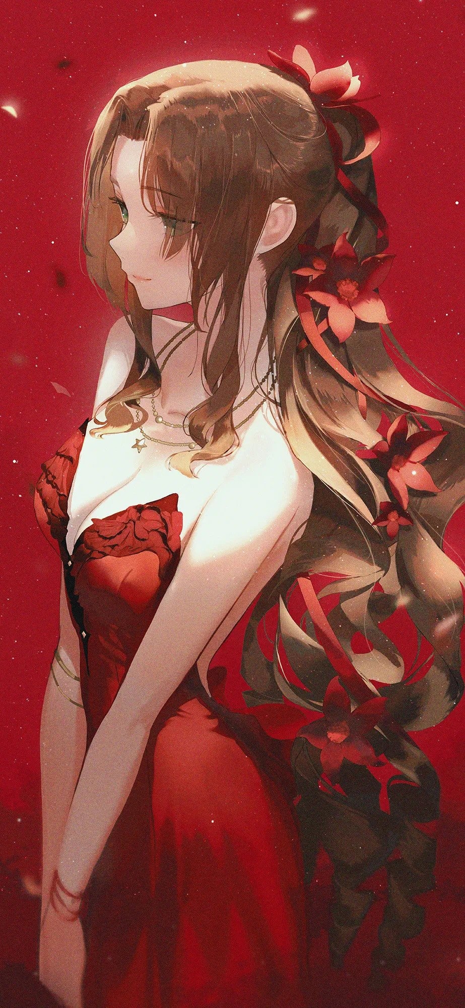 Women Long Hair Final Fantasy Aerith Gainsborough Red Dress Anime Anime Girls Bare Shoulders Portrai 923x2000
