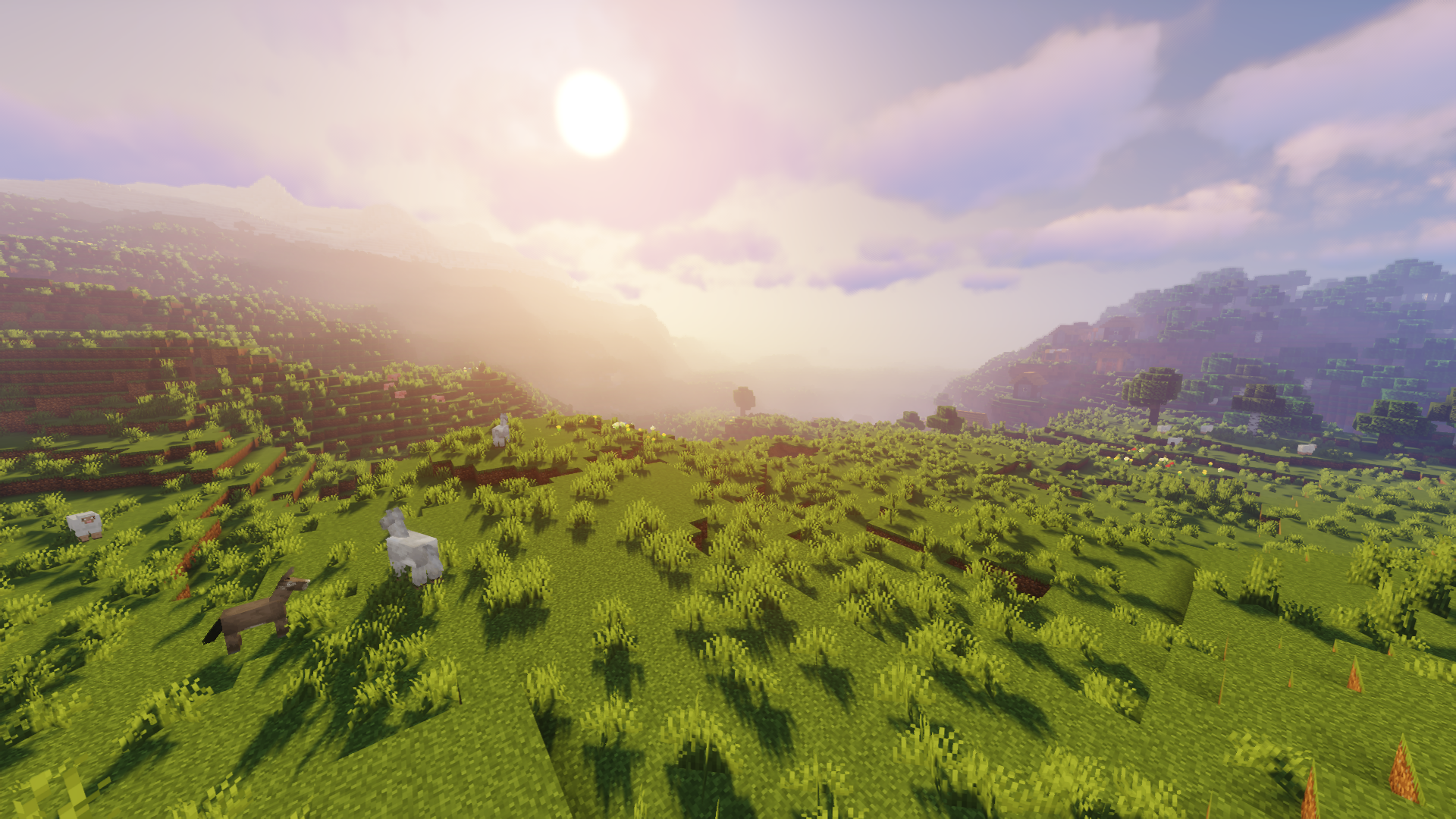 Minecraft Video Games Morning Mountain Top Grass Sunlight Sun Sky Clouds Cube Shaders 1920x1080