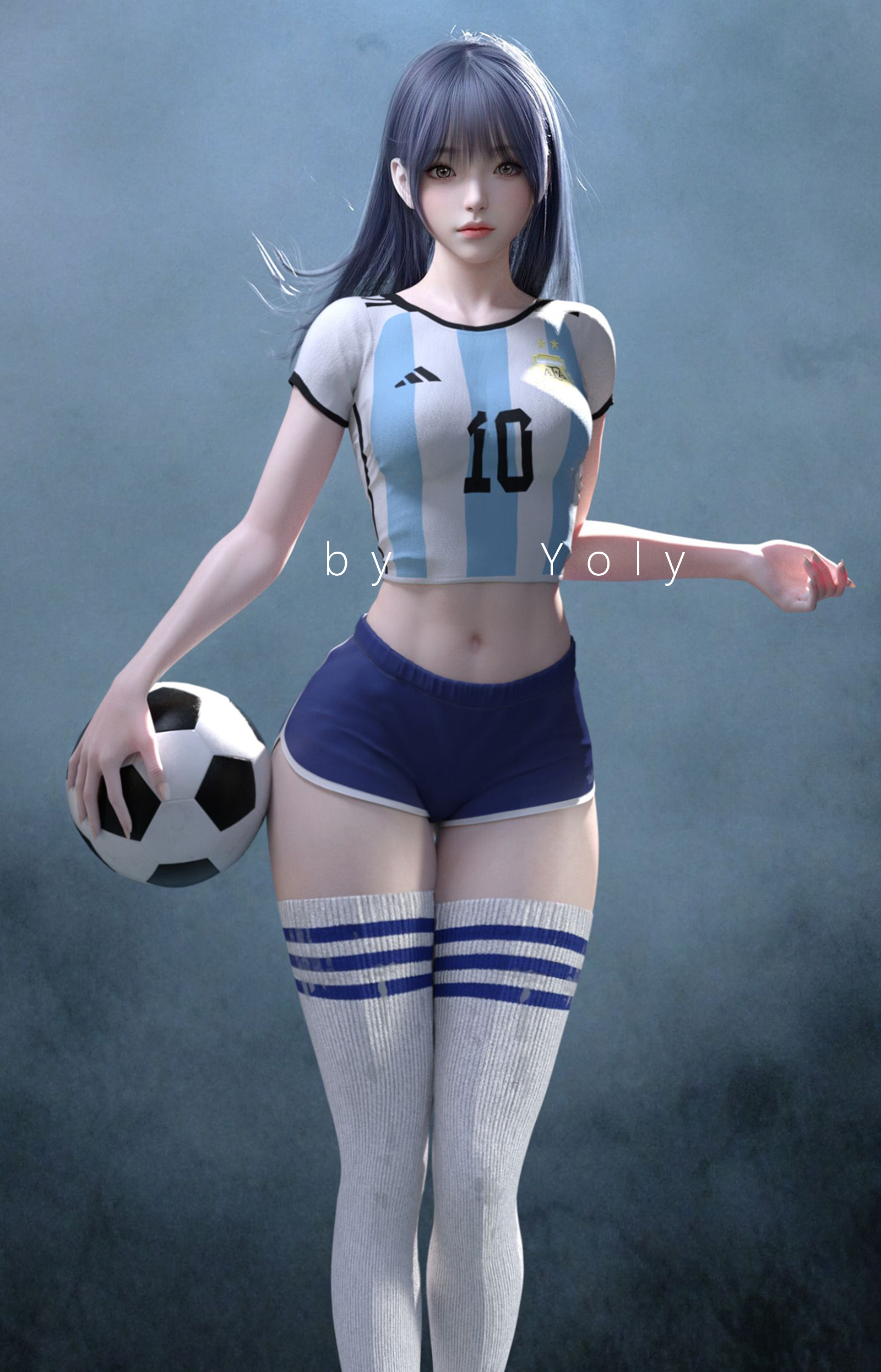 Soccer Soccer Ball Argentina Shorts Thigh High Socks Yoly Asian Women CGi 1600x2492
