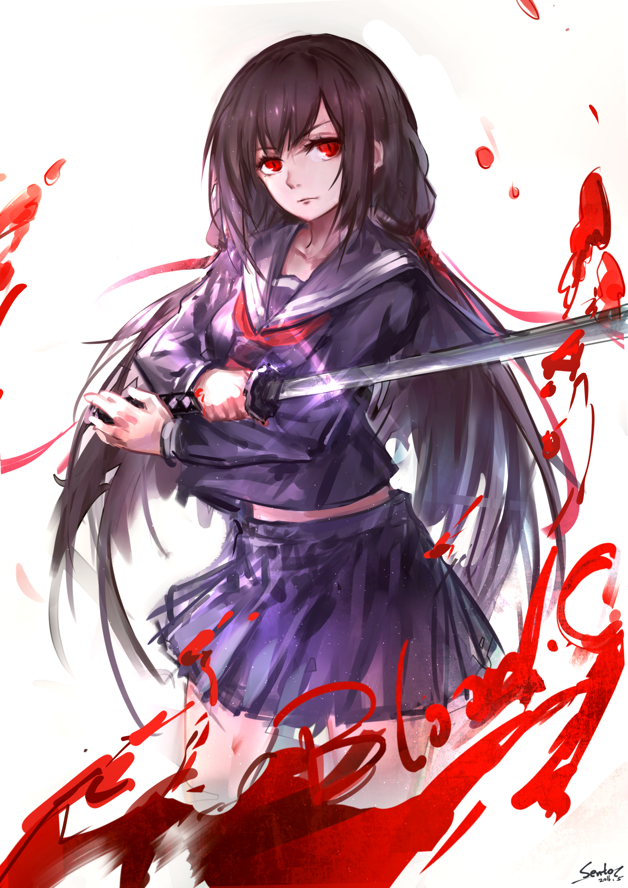 Anime Anime Girls Blood C Kisaragi Saya Long Hair Black Hair Solo Artwork Digital Art Fan Art Katana 1241x1754