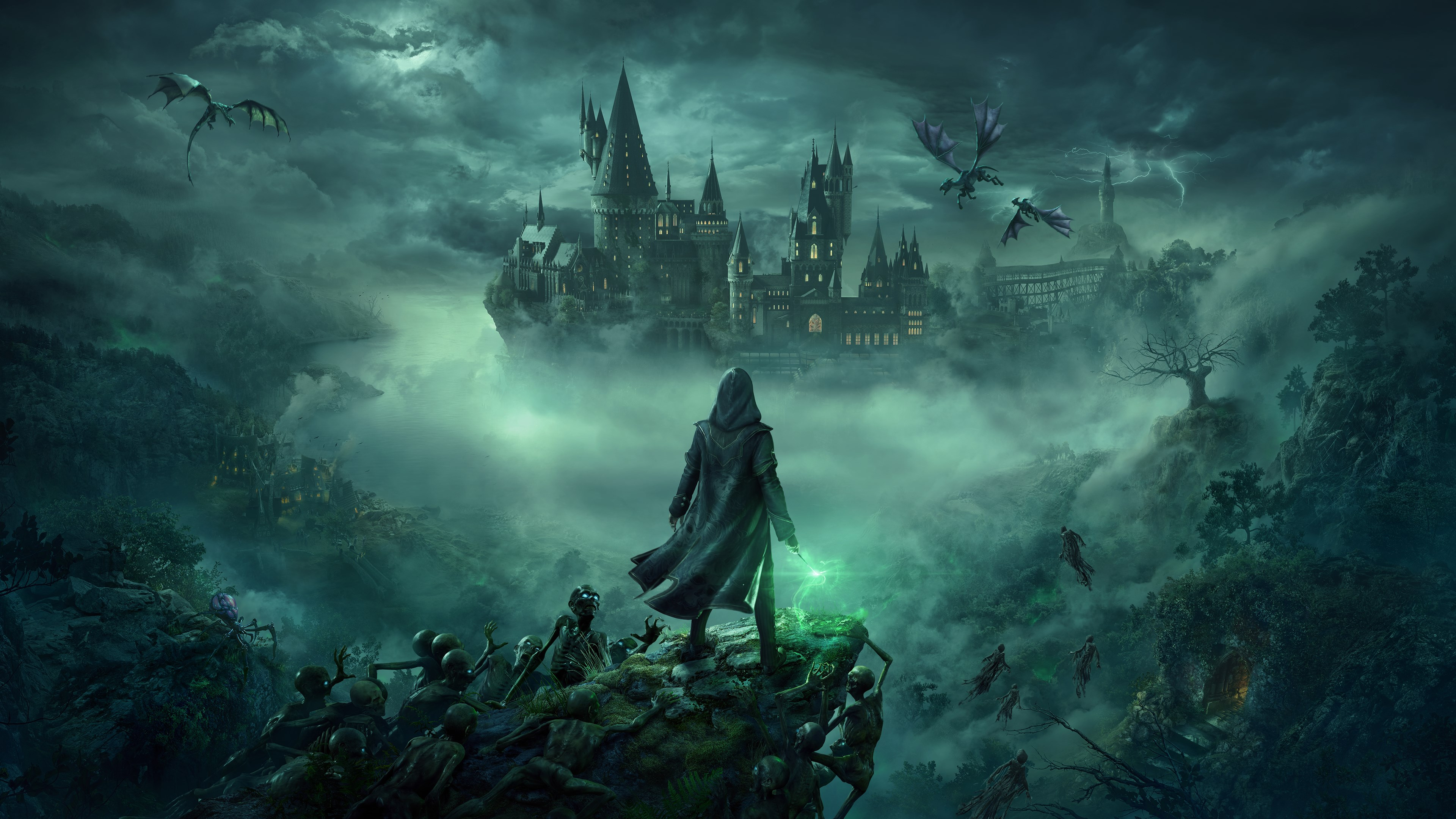Hogwarts Legacy Castle Fantasy Art Mist Dark Skeleton Video Game Art Sky Clouds Dragon Video Games R 3840x2160