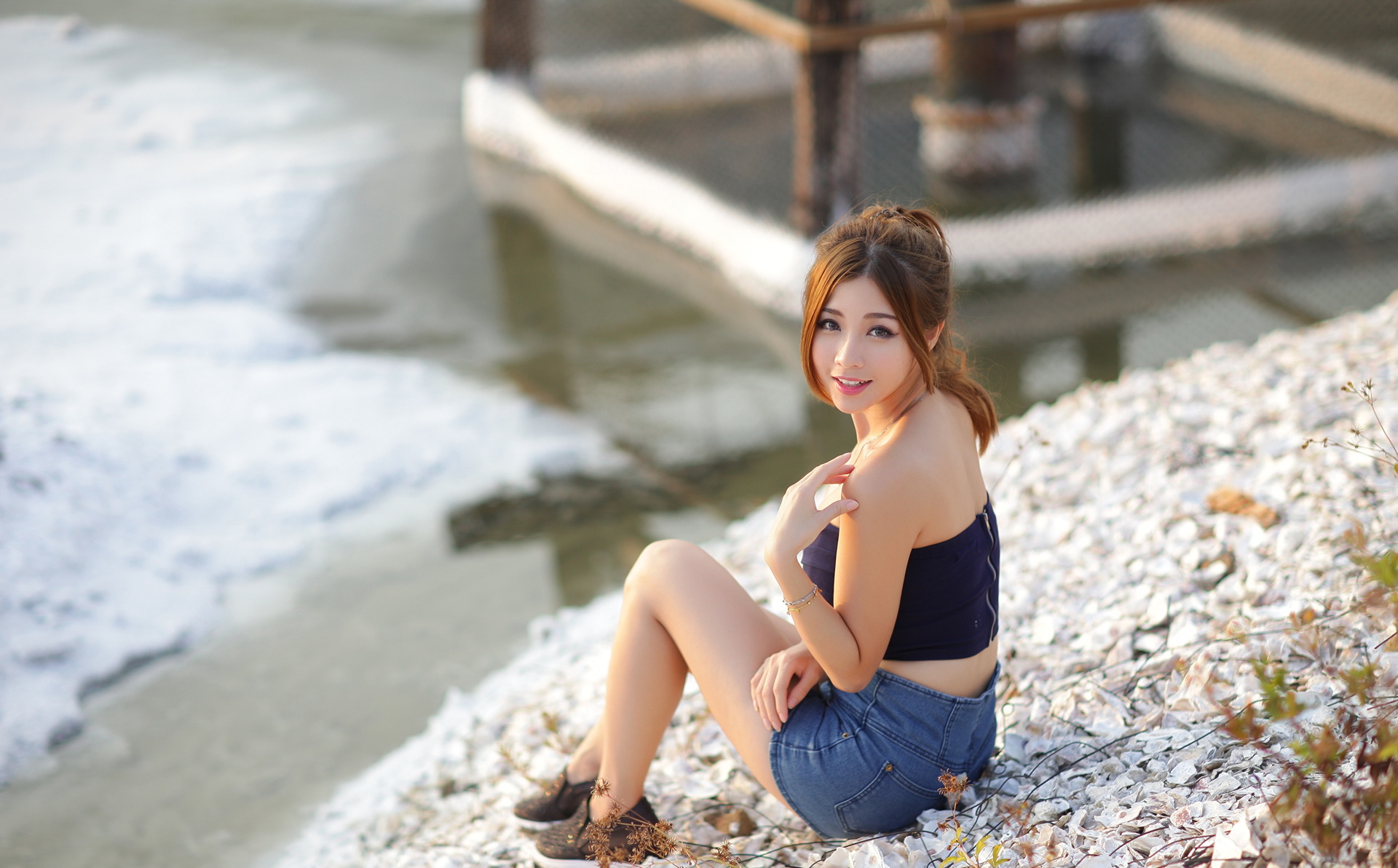 Asian Model Women Long Hair Dark Hair Shore Pebbles Jeans Skirt Black Top Bare Shoulders Ponytail Lo 1920x1192