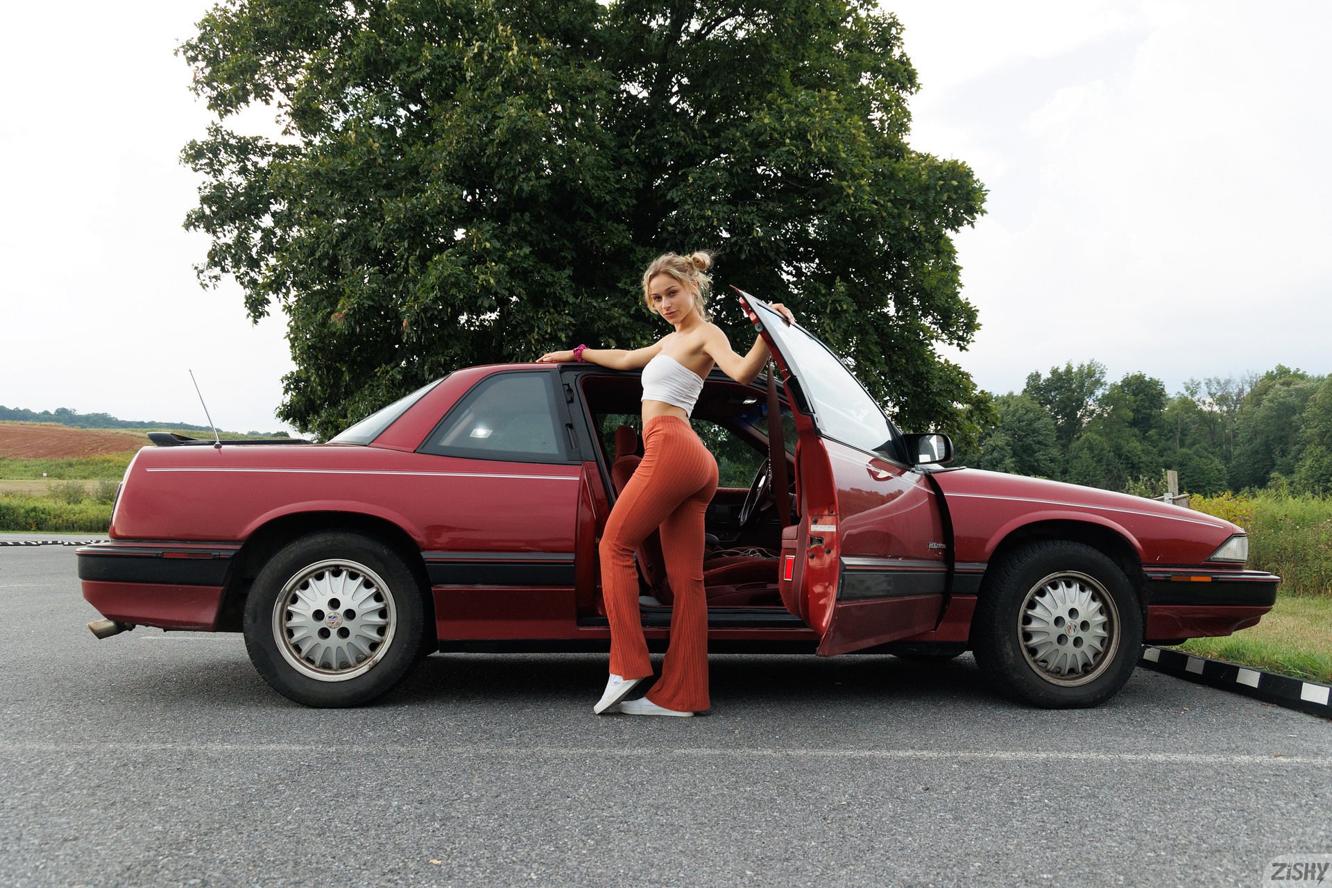 Blonde Women Model Crop Top Looking At Viewer Standing Women Outdoors Women With Cars Car 1920x1280