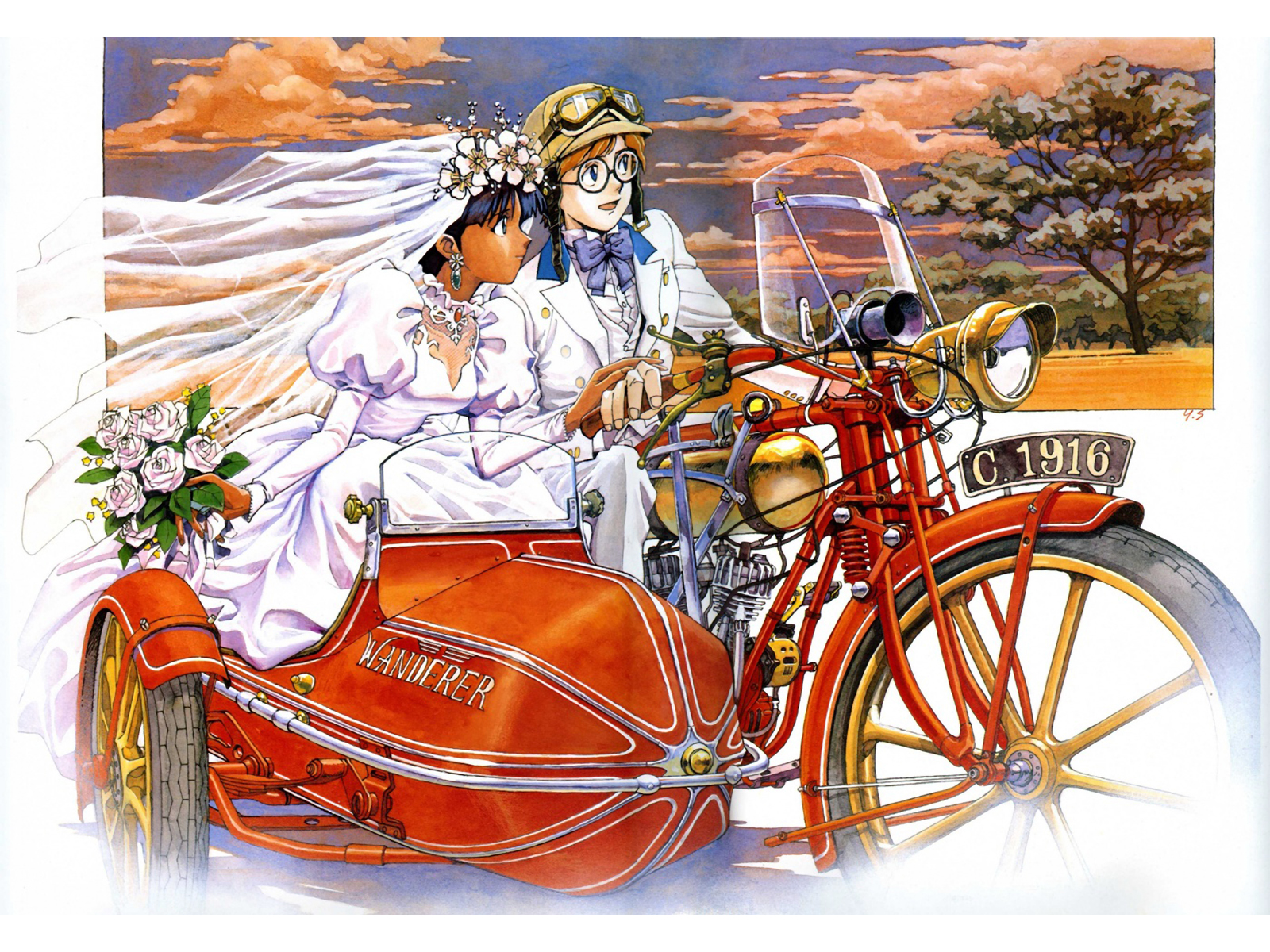 Vintage Couple Tanned Motorcycle Fushigi No Umi No Nadia White Clothing Goggles White Dress Wedding  1600x1200