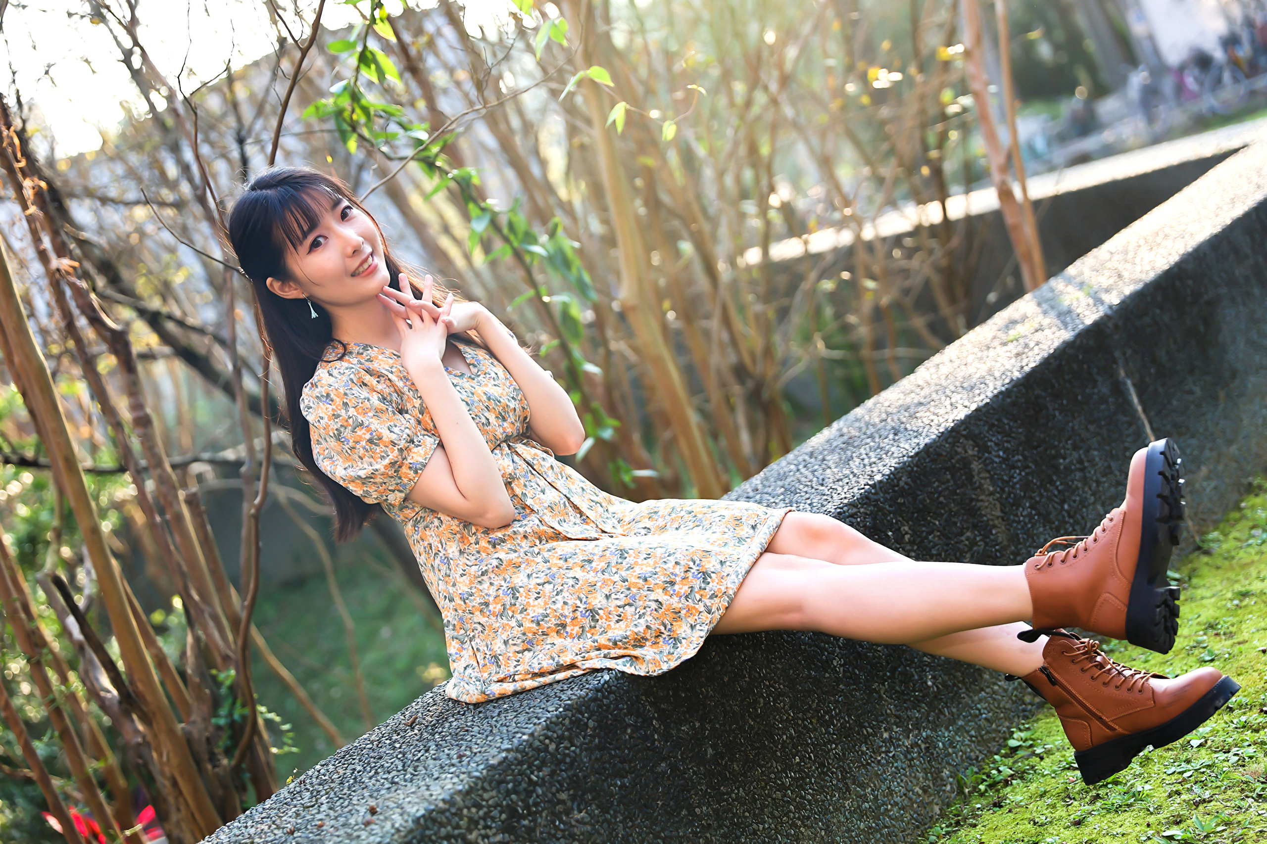 Asian Model Women Long Hair Dark Hair Sitting Ankle Boots 2560x1706