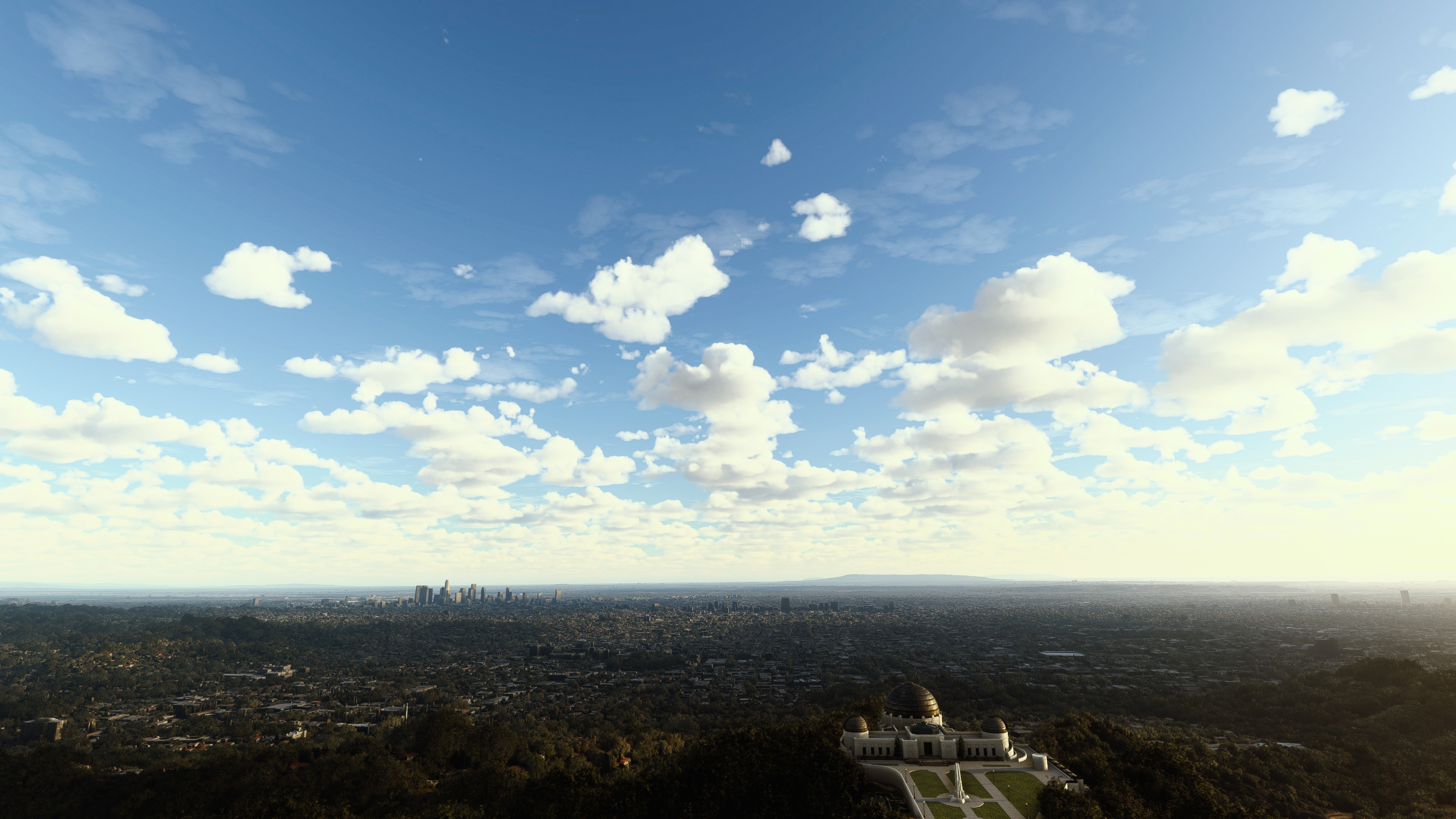 Griffith Observatory Flight Simulator City Sunset Los Angeles Sky Clouds Cityscape Video Games 3840x2160