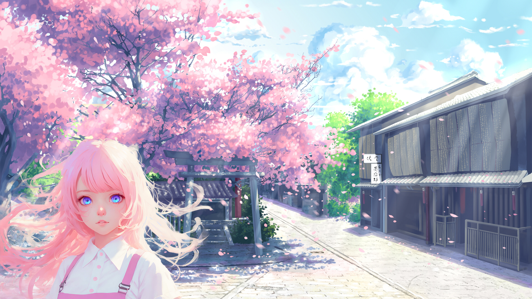 Anime Girls Anime Edit Cherry Blossom Petals Pink Hair Blue Eyes White Shirt Clouds Trees Looking At 1810x1018