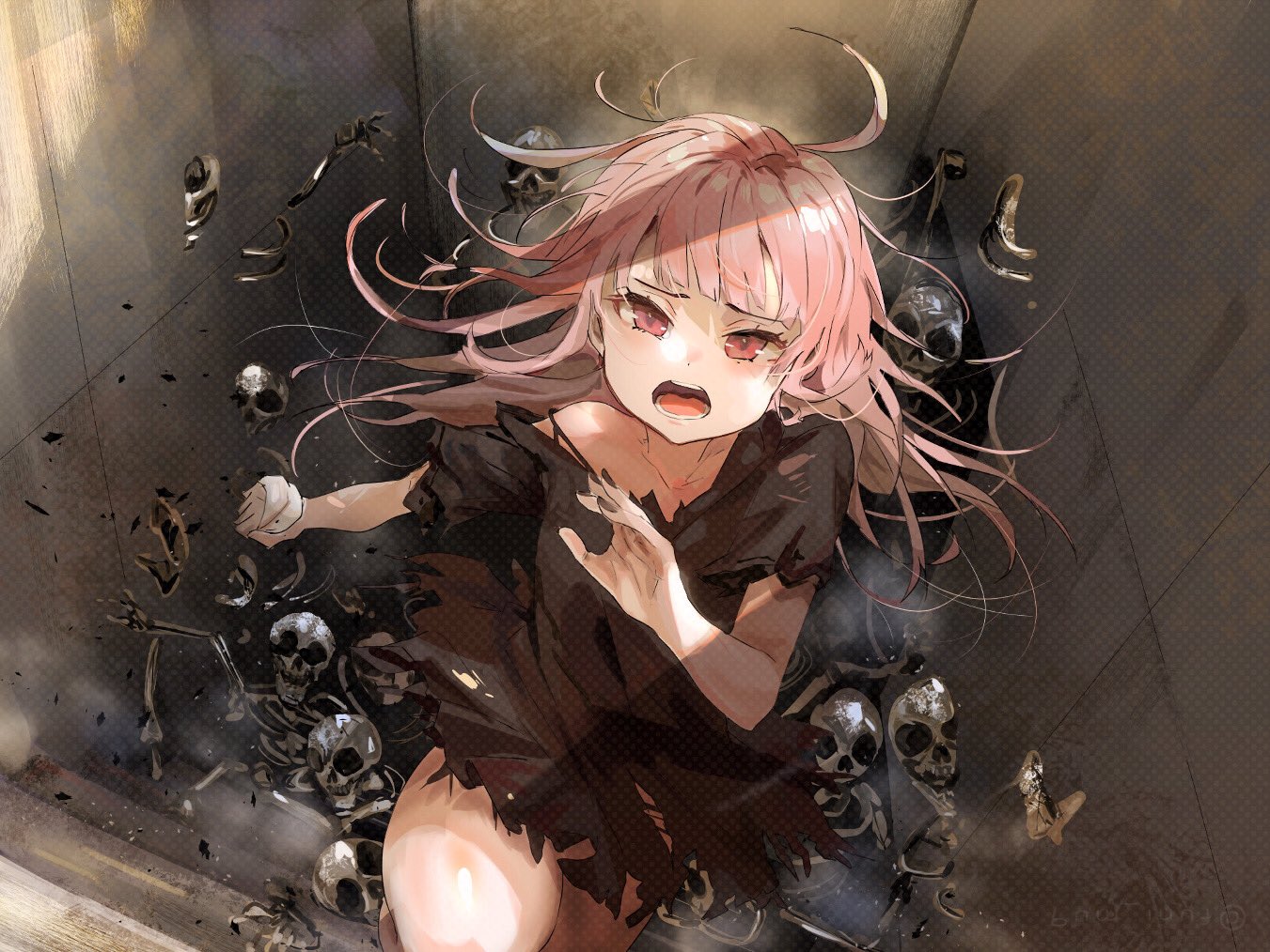 Mori Calliope Hololive English Hololive Pink Hair Skull And Bones Virtual Youtuber Anime Girls Stair 1351x1014