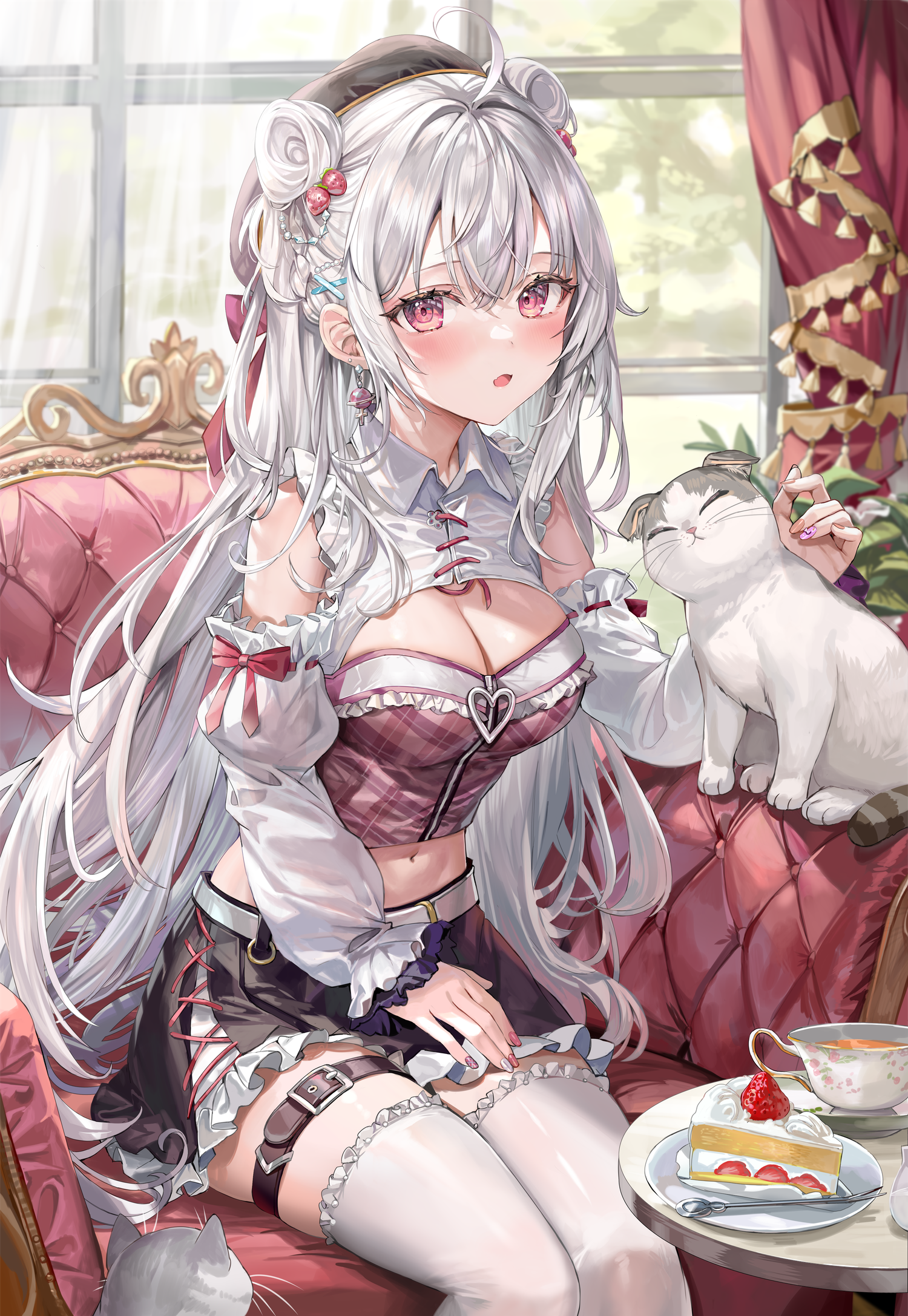 Anime Anime Girls Portrait Display Blushing Window Looking At Viewer Long Hair Cats Cake Plates Cup  1500x2175