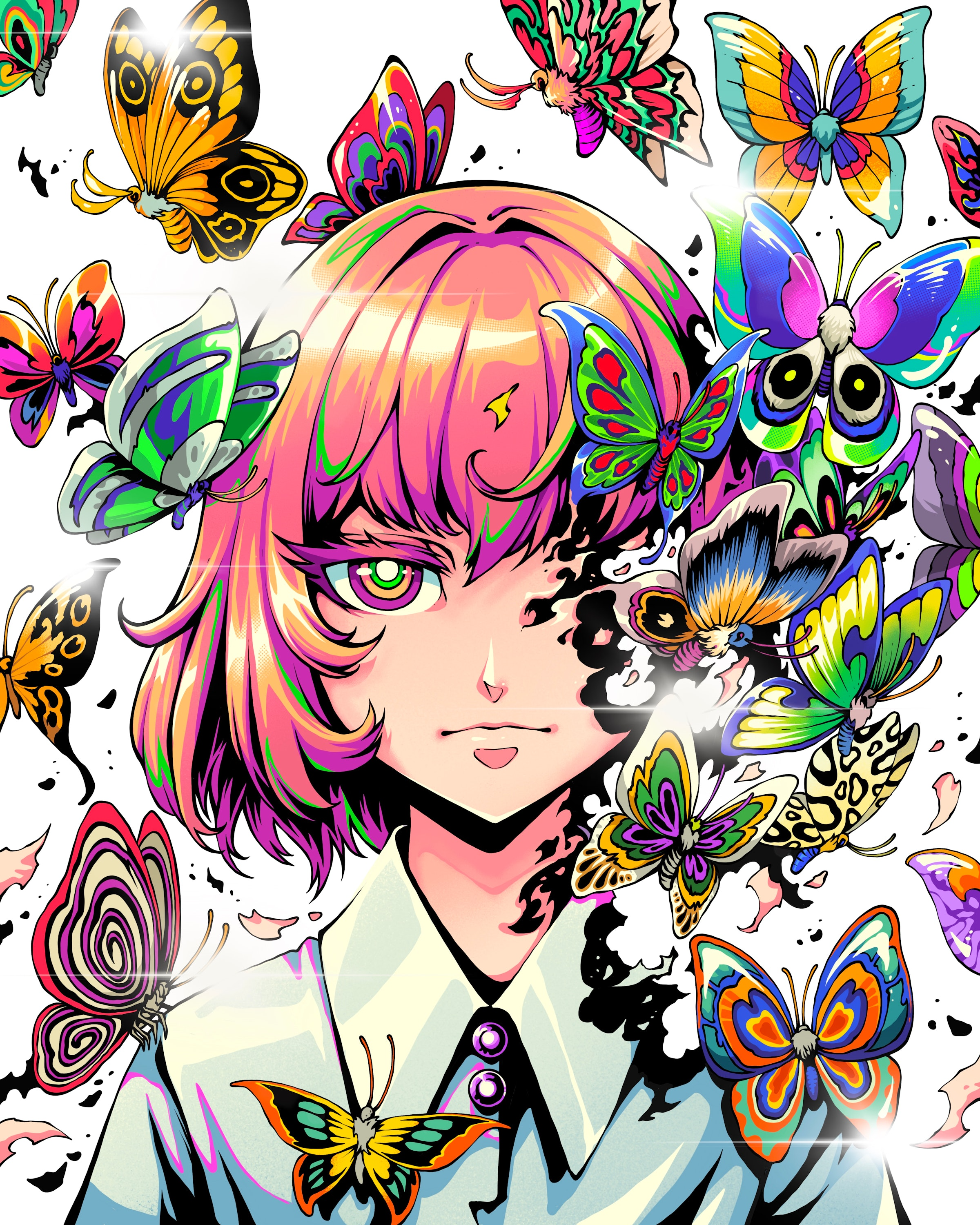 Benangbaja Digital Art Artwork Illustration Women Short Hair Butterfly Portrait Simple Background Pi 2400x3000