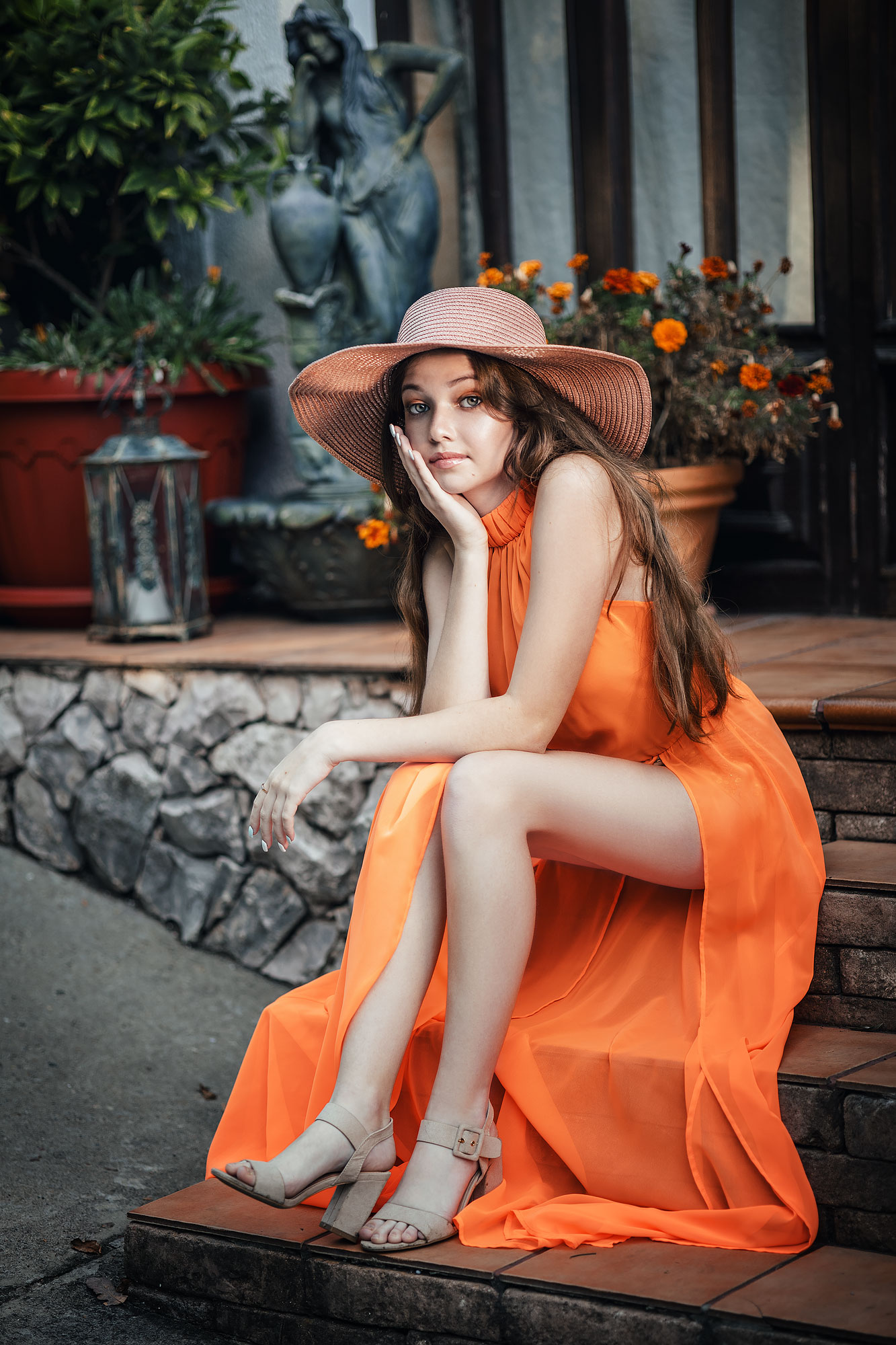 Irina Mukhina Women Brunette Hat Legs Orange Clothing Dress Flowers Stairs 1333x2000