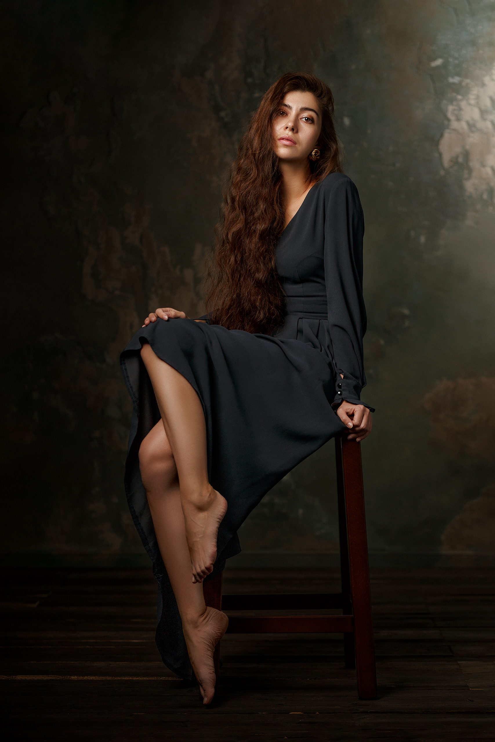 Ivan Kovalyov Women Redhead Long Hair Dress Barefoot Chair Black Clothing 1707x2560