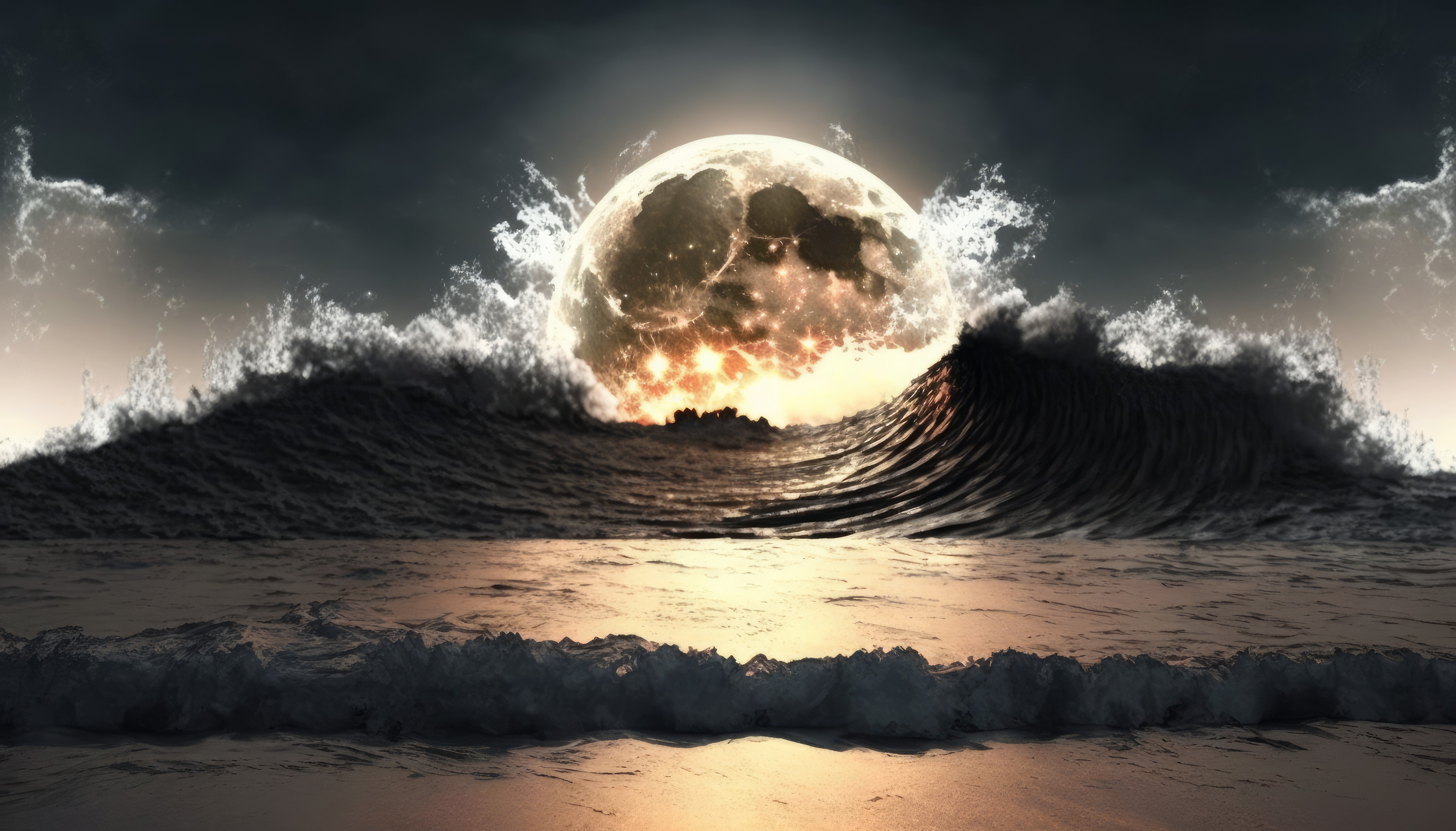 Ai Art Moon Waves Collision Sea Water Night 4579x2616