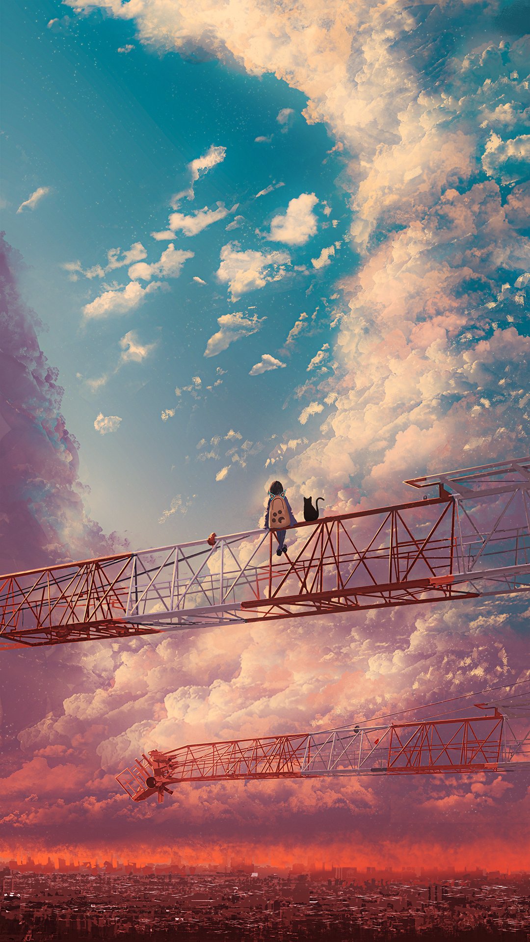Chocoshi Women Outdoors Anime Girls Portrait Display Rear View Backpacks Clouds Horizon Sky Cityscap 1080x1920