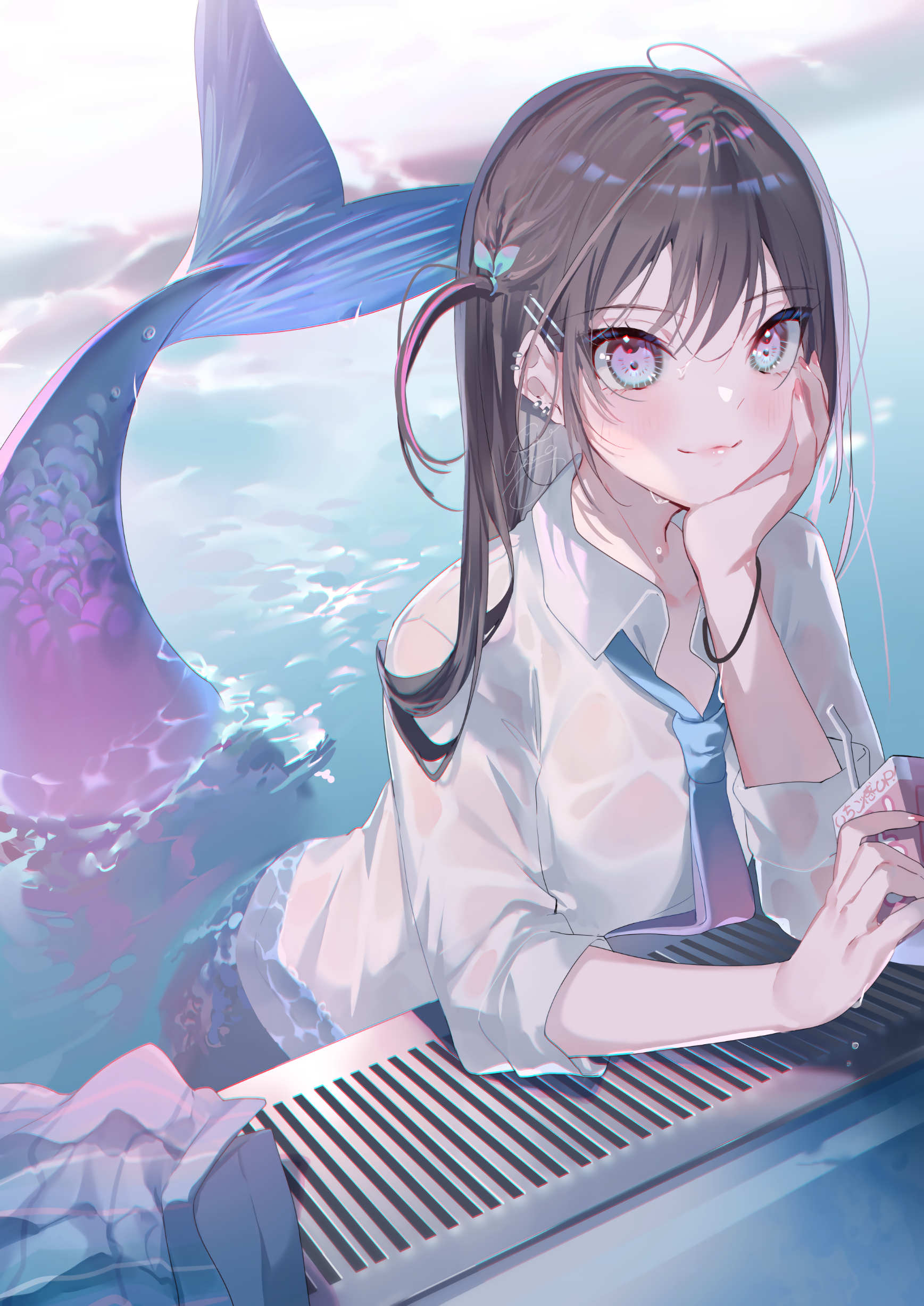 Anime Girls Vertical Mermaids Tail Water In Water Wet Tie 1737x2455