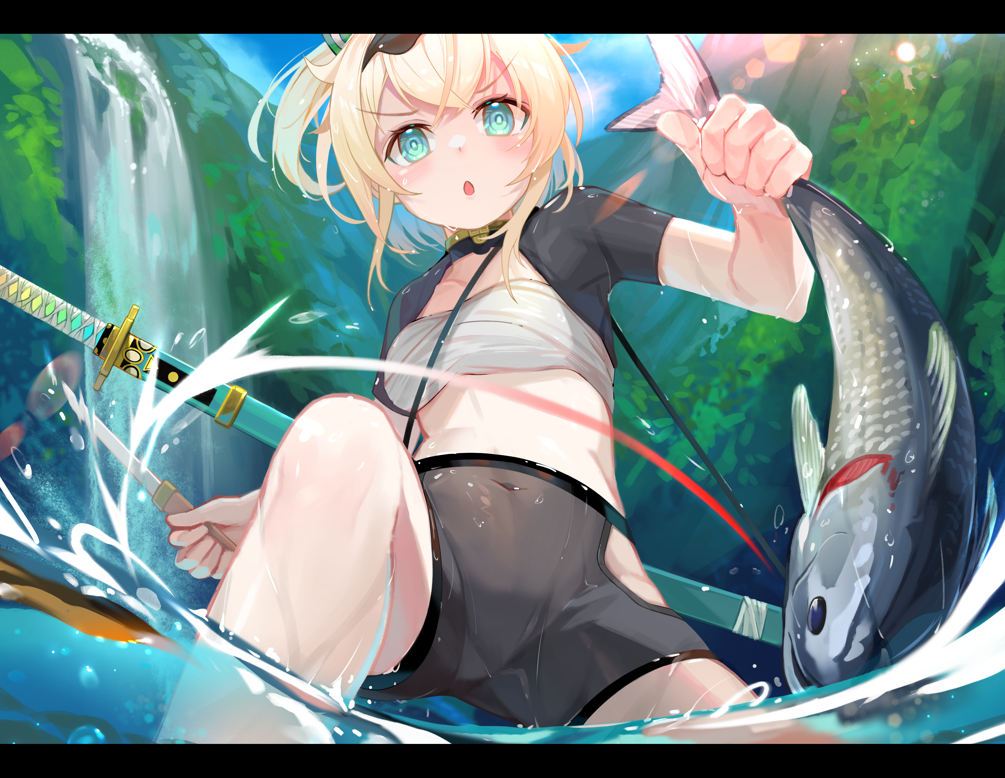 Anime Anime Girls Hololive Kazama Iroha Sunlight Looking At Viewer Water Fish Sword Weapon Waterfall 3508x2717