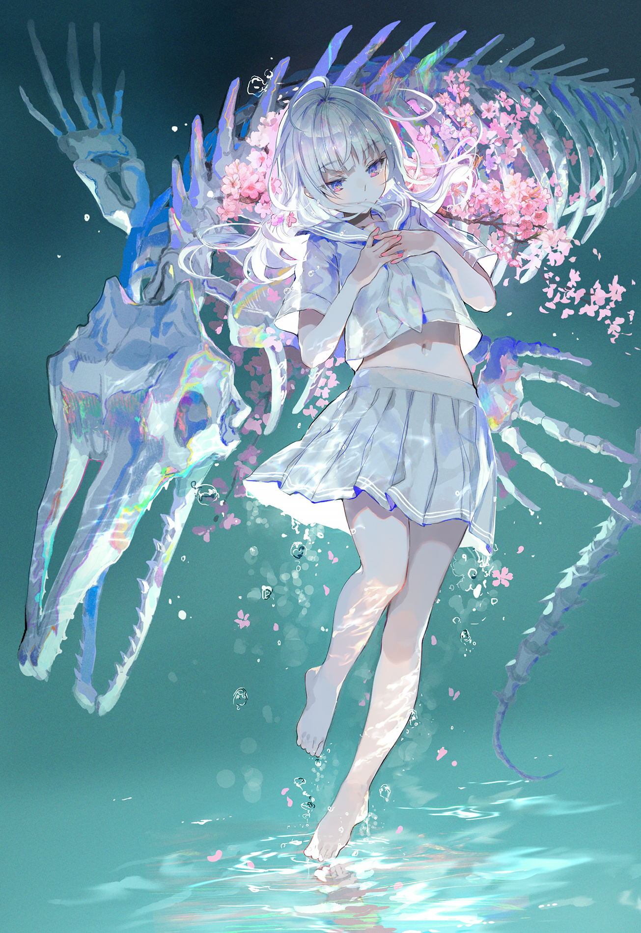 Fuji Choko Anime Anime Girls Cherry Blossom Sailor Uniform Bone Fossils White Hair Skirt Underwater  1305x1900