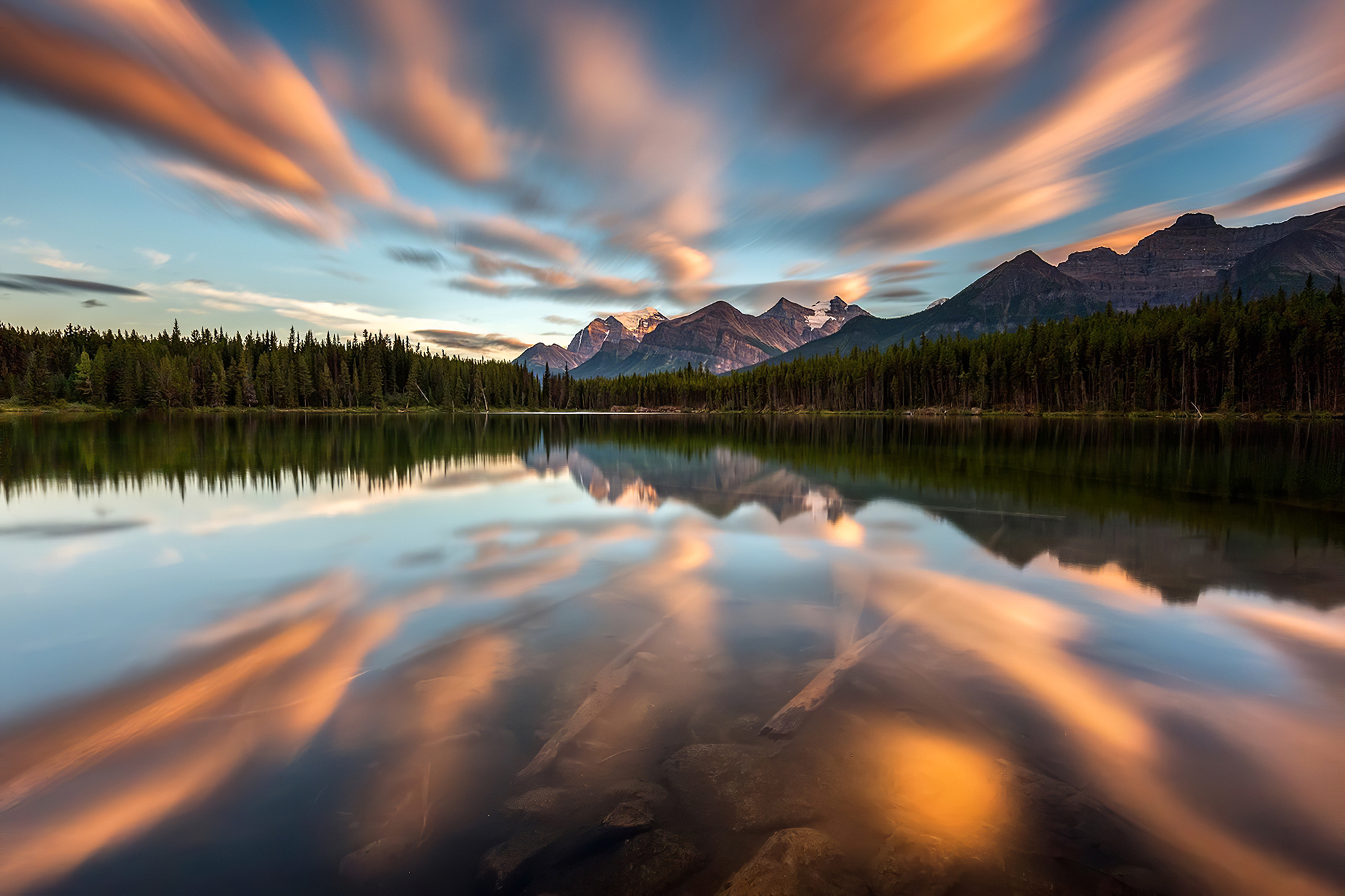 Pine Trees Nature Clouds Sky Lake Landscape Mountains Reflection Trees Water 2048x1365
