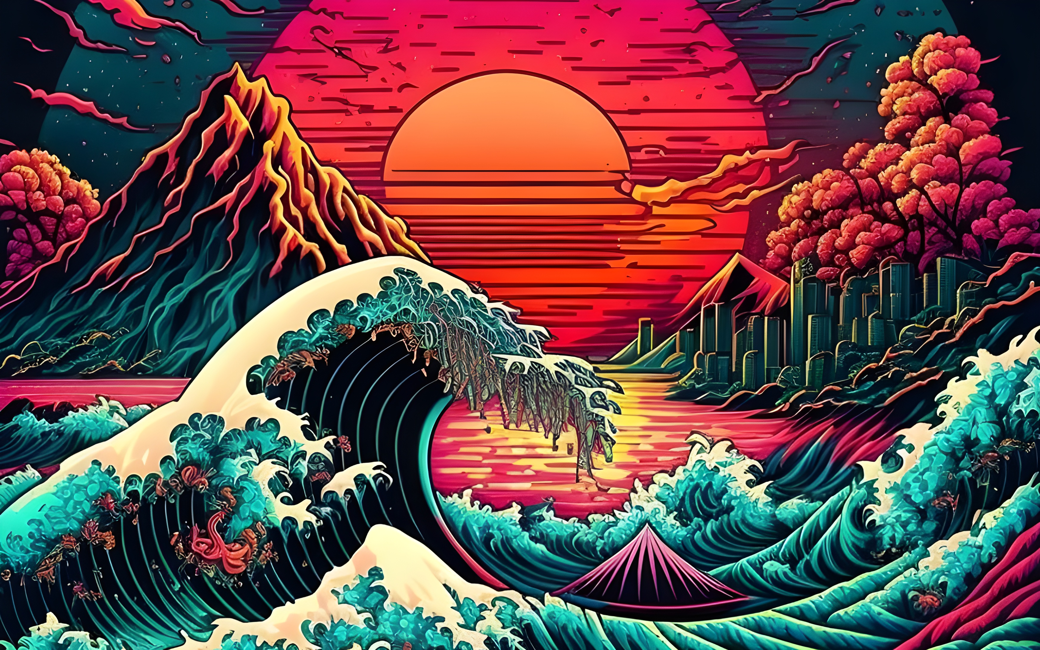 The Great Wave Off Kanagawa Artificial Intelligence 4K Waves Sunset Ai Art 3488x2180
