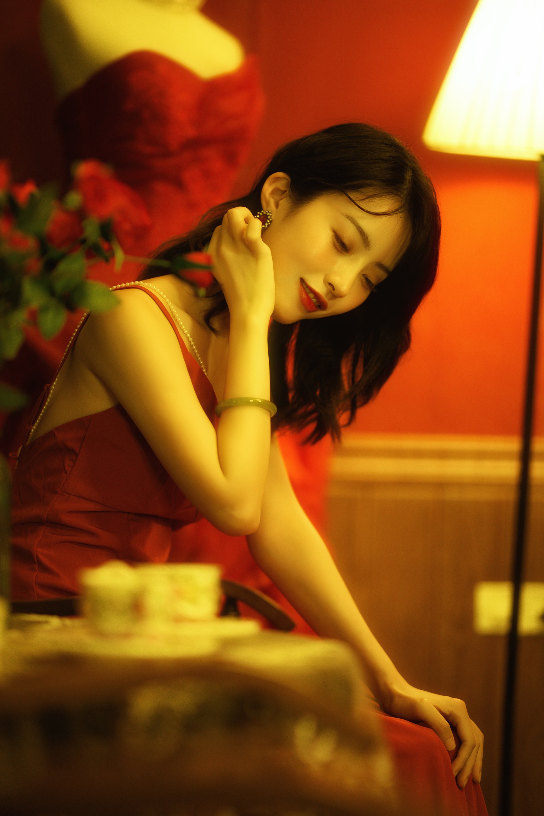 Women Asian Chinese Model Dark Hair Red Dress Women Indoors Flowers Rose Smiling 1800x2700