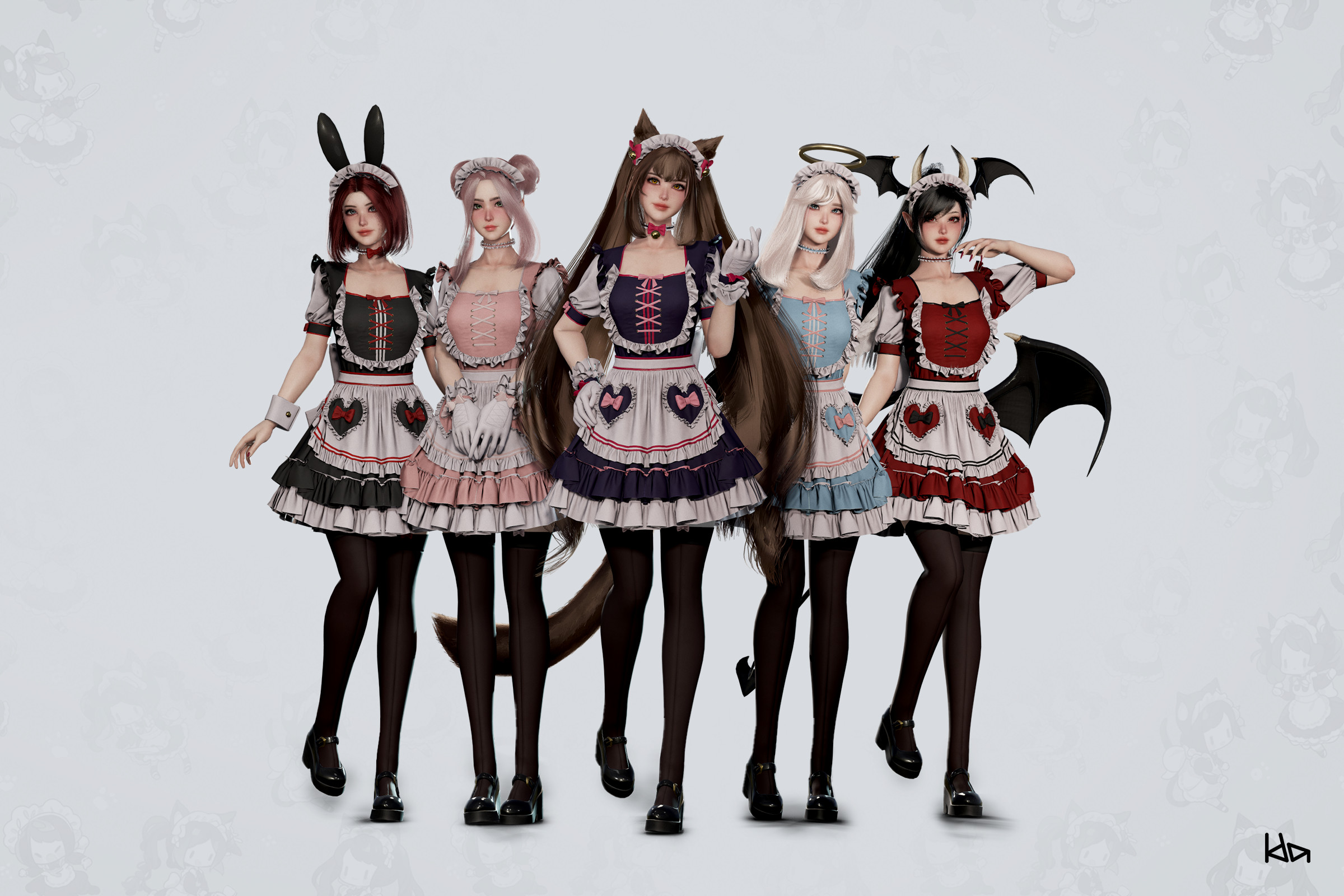 Ida Faber CGi Group Of Women Animal Ears Long Hair White Background Standing Looking At Viewer Maid  2400x1600