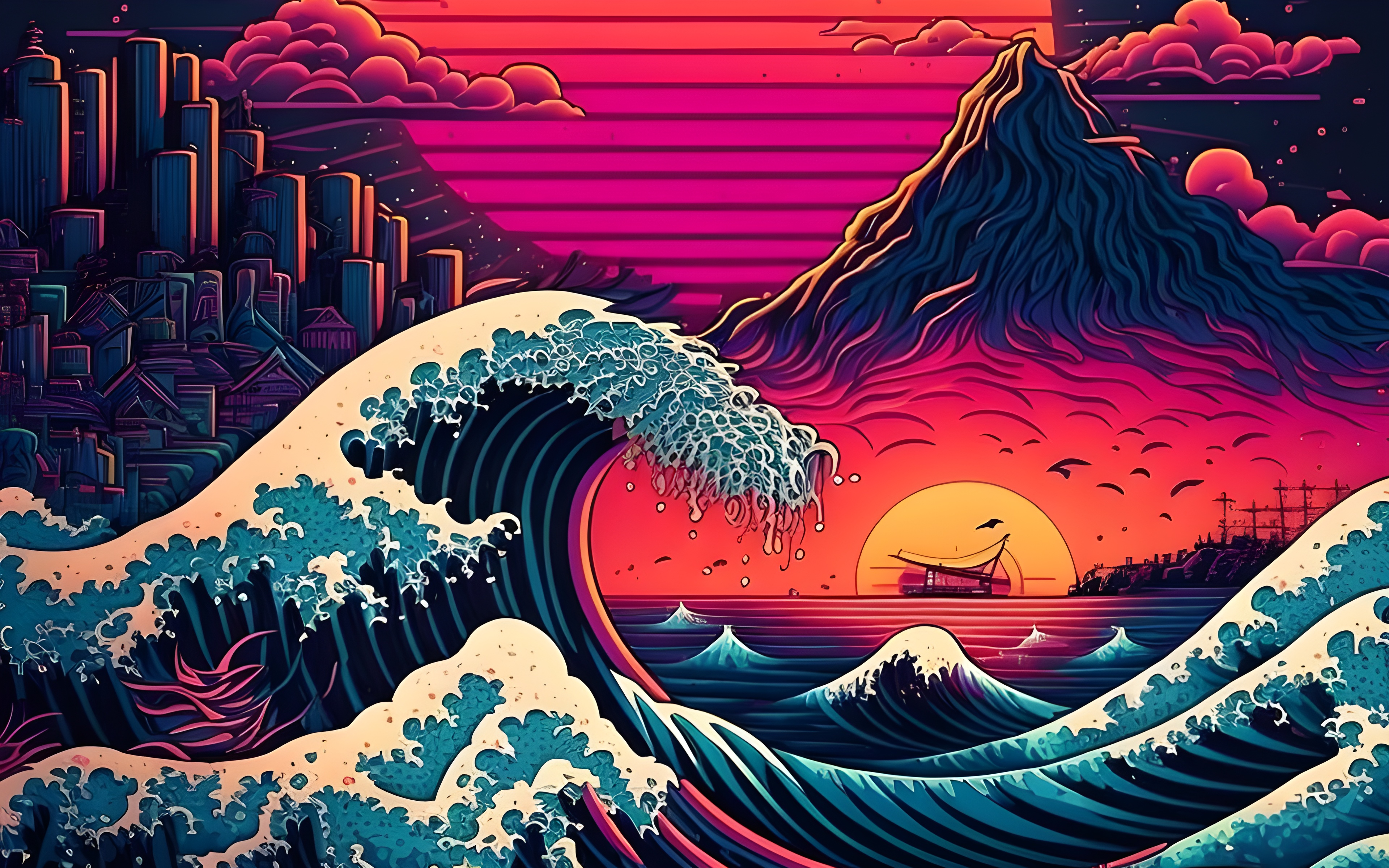 The Great Wave Off Kanagawa Artificial Intelligence 4K Waves Sunset Ai Art 3840x2400