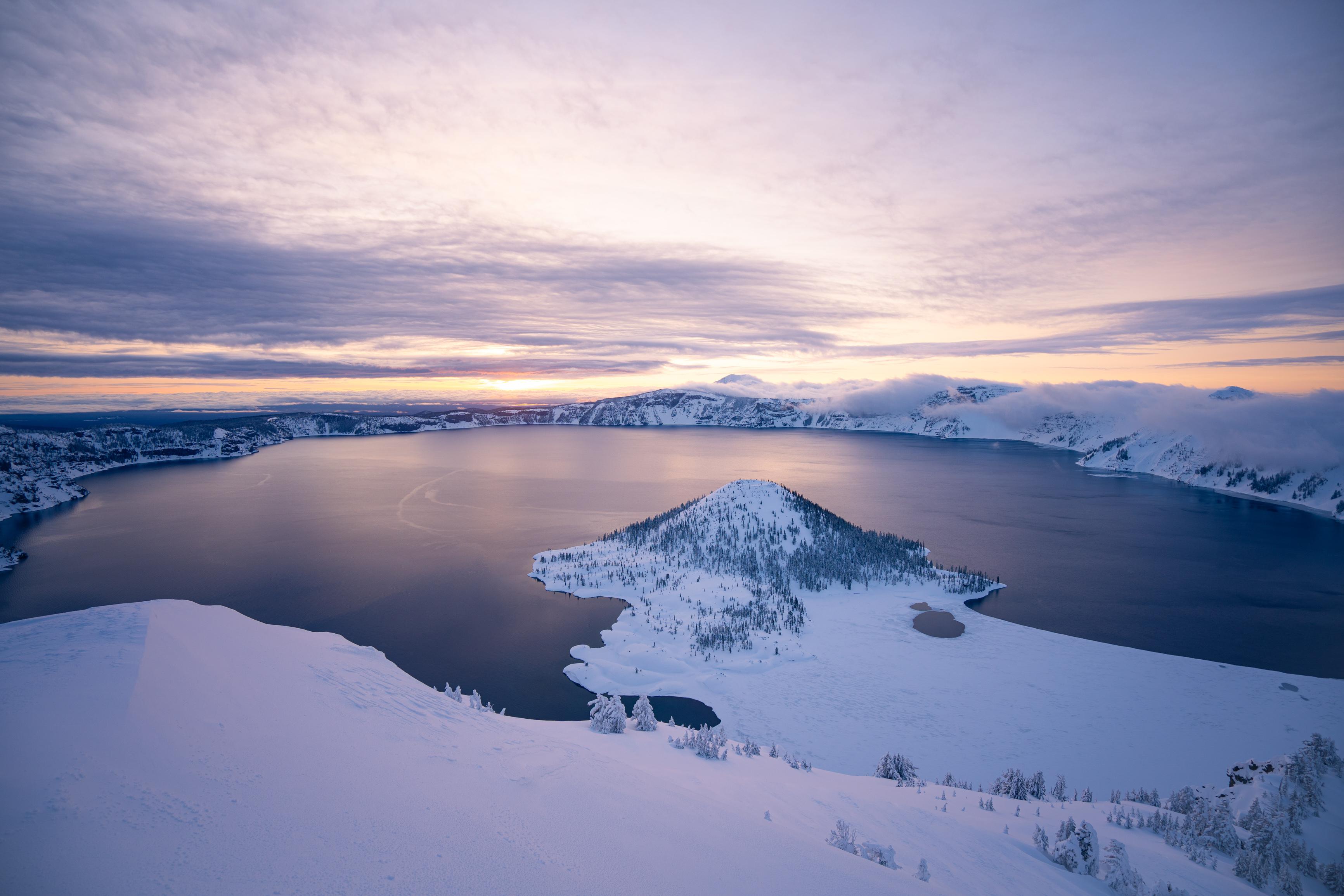 Crater Lake Crater Landscape Snow USA Nature Clouds Lake Winter Sky Water 3464x2309