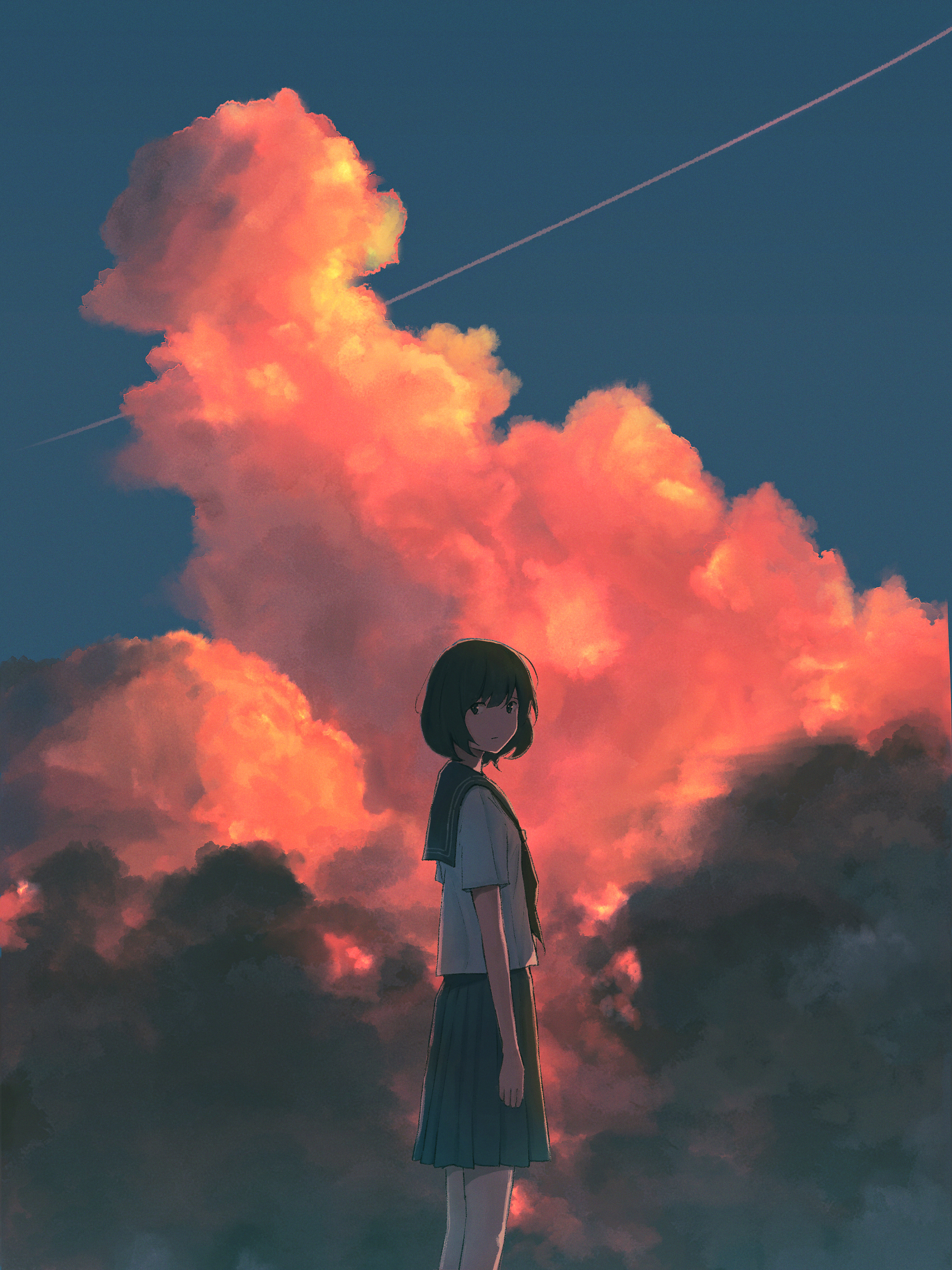 Oka Kojiro Illustration Anime Girls Anime Sky Vertical Sky Clouds Sunset Glow School Uniform Pleated 2048x2732