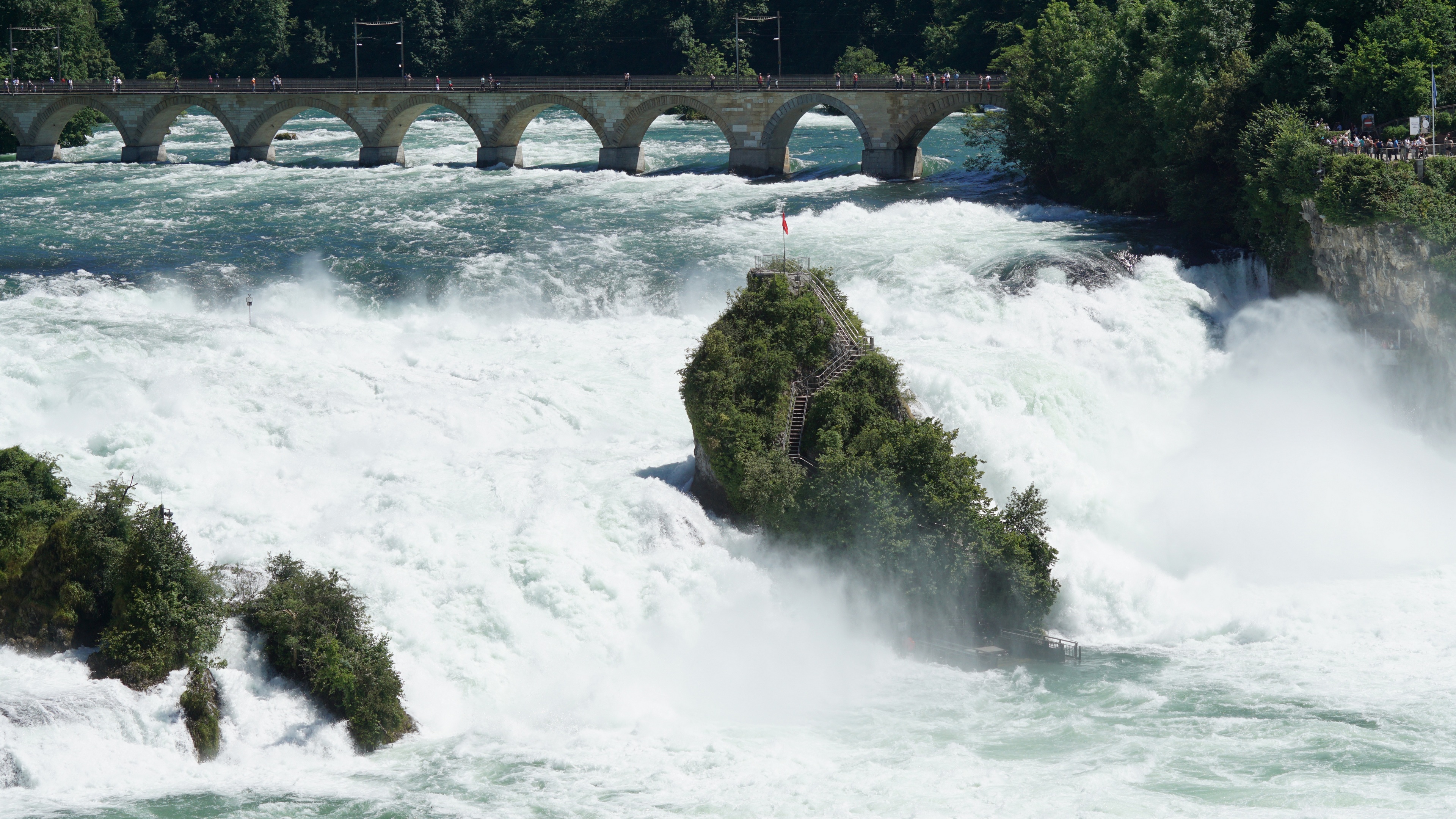 Switzerland Rhine Falls Nature Waterfall Rock Trees Bridge Water People 3840x2160