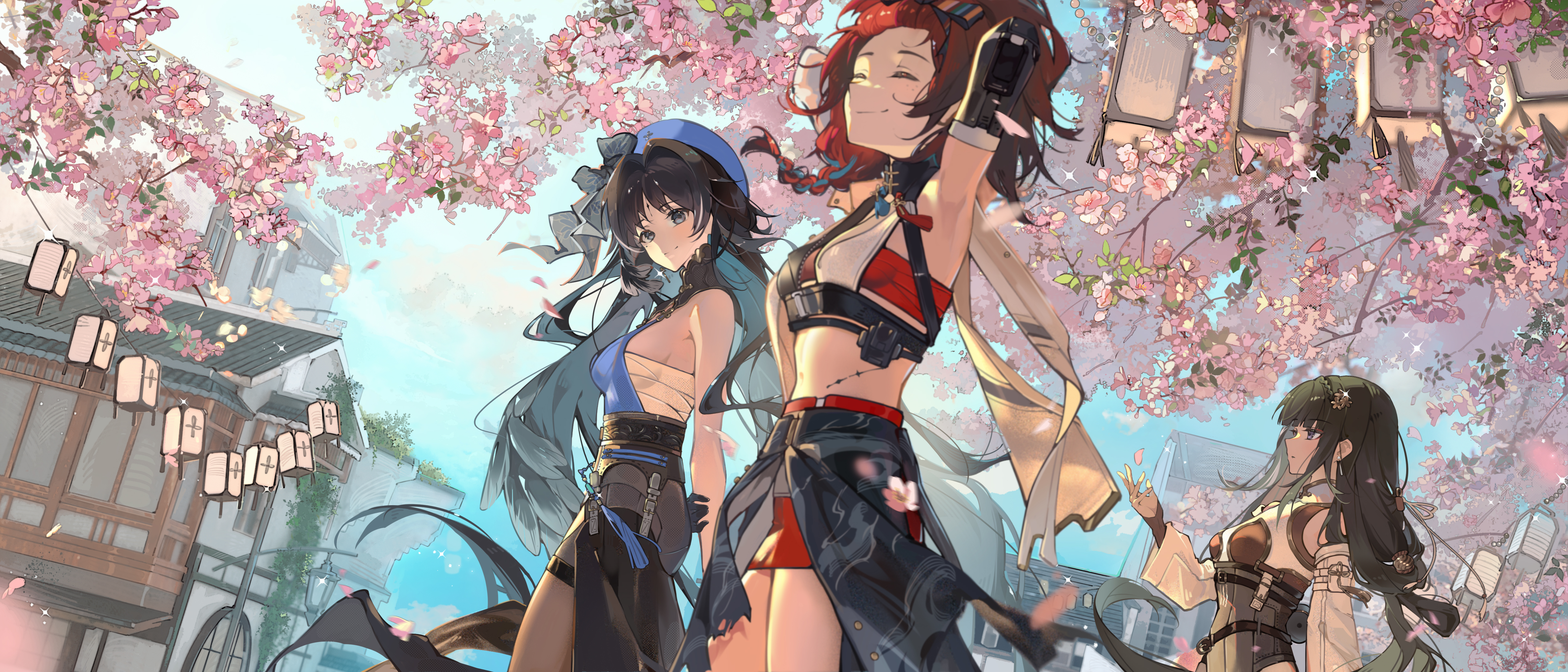Anime Anime Girls Cherry Blossom Flowers Petals Closed Eyes Smiling Armpits Long Hair Hat Branch Loo 5000x2143