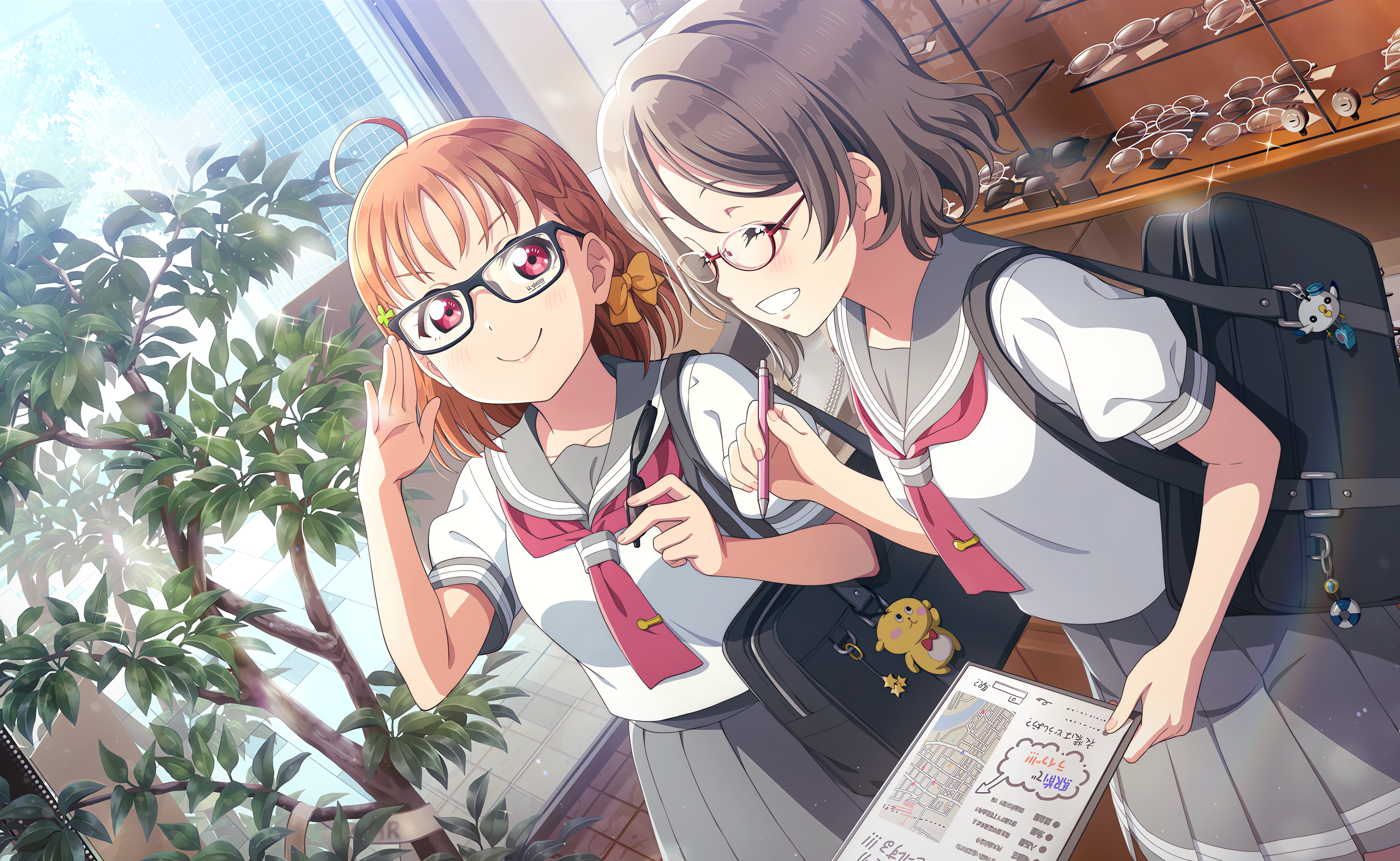 Takami Chika Love Live Love Live Sunshine Anime Anime Girls Glasses Smiling Leaves Stars Schoolgirl  4096x2520