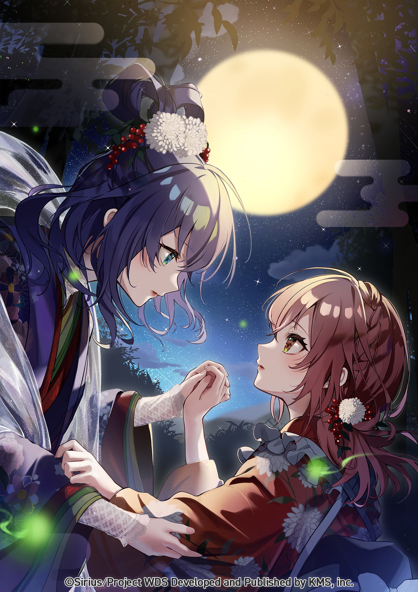 Anime Anime Girls Portrait Display Night Moon Moonlight Watermarked Kimono Holding Hands Sky Stars C 1357x1920